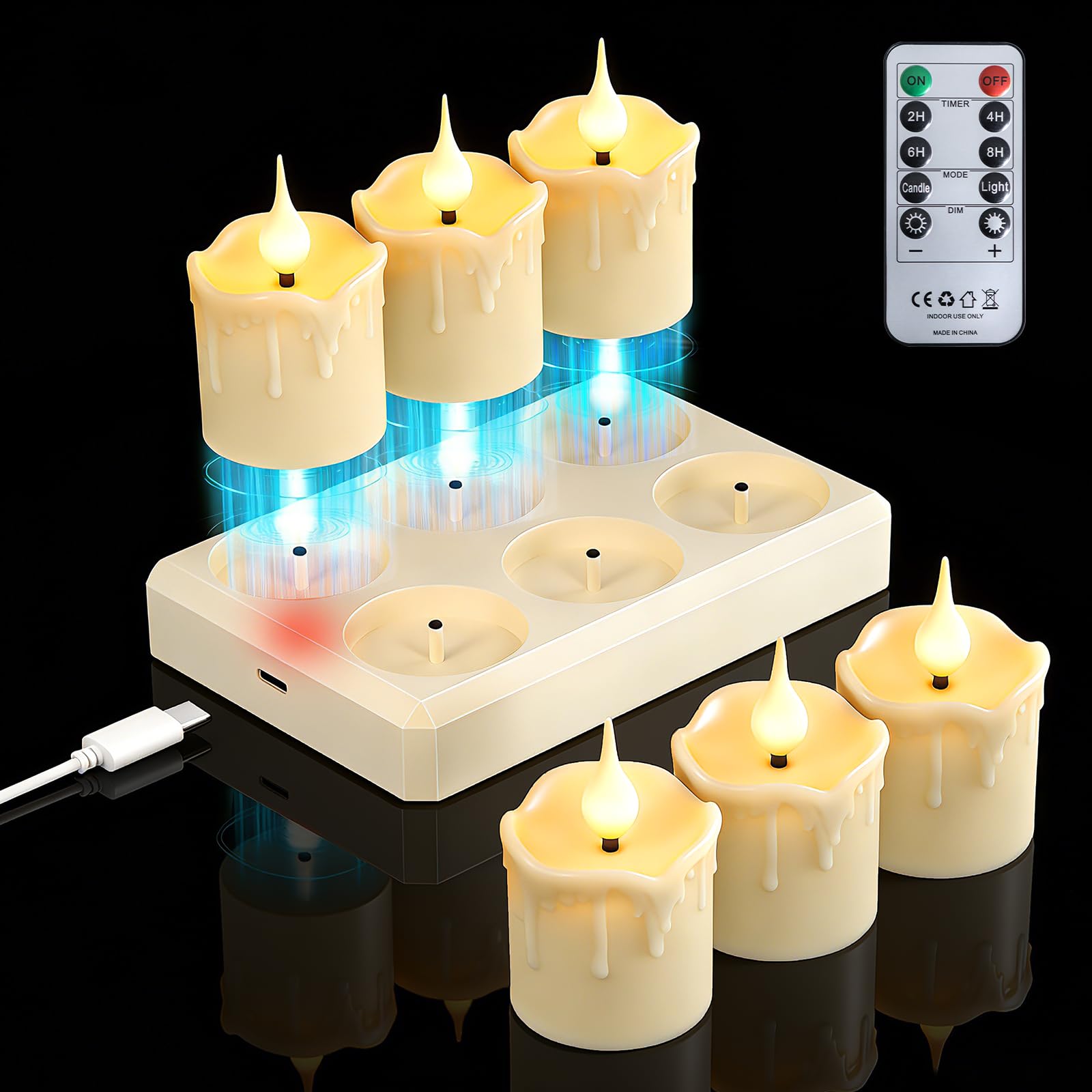 LED Teelichter,200H LED Kerzen Aufladbar Mit Fernbedienung Ladestation Timer Flackernde Flamme Warmweiß Dimmbar Candle Warmer Lamp Teelichter Für Party Zimmer Wohnzimmer Halloween Weihnachten Deko