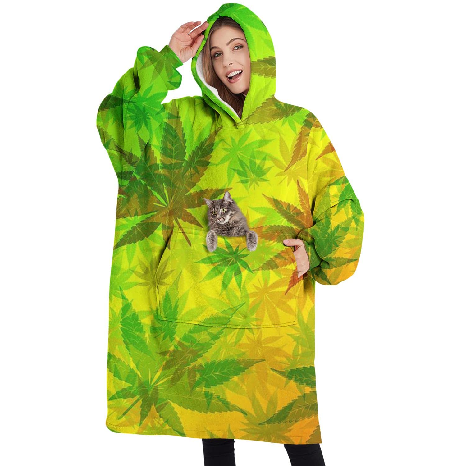 Touchbetter Women's Marijuana Weed Leaves Wearable Oversized Blanket,Sherpa Blanket Hoodie With Super Pockets,Super Warm Fuzzy Pullover For & Men, One Size
