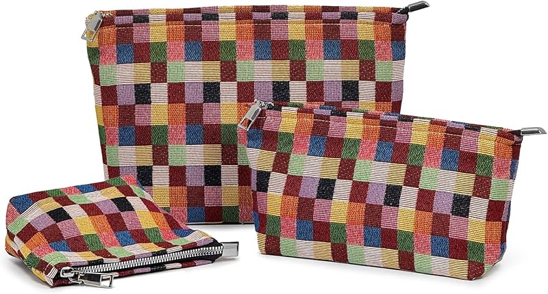 Conjunto com 3 necessaires de algodão jacquard xadrez itgowisa