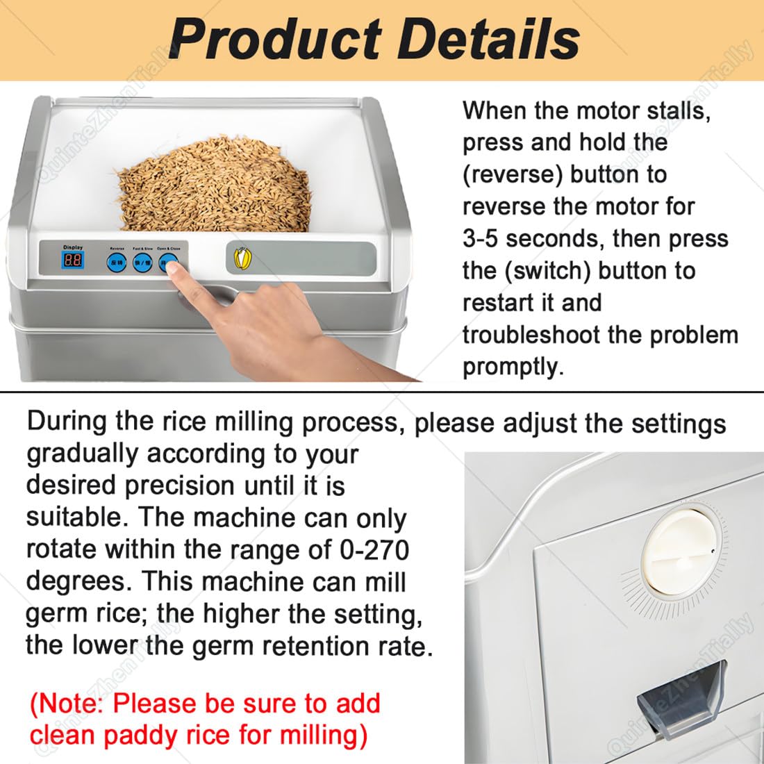 Fresatrice Automatica Riso 500 W,Grigio Argento | Manopola Lucidatura Regolabile 0-270 Gradi,Lavorazione Grano 30kg/H,per Sgranatura Sgranatrice Riso Uso Domestico