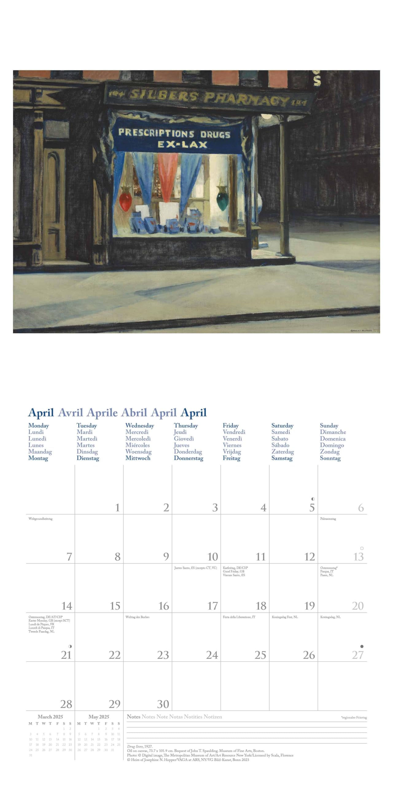 N NEUMANNVERLAGE - Edward Hopper 2025 Broschürenkalender, 30x30cm, Wandkalender mit ausgewählten Werken von Edward Hopper, internationalen Feiertagen und Mondphasen, viel Platz für Notizen