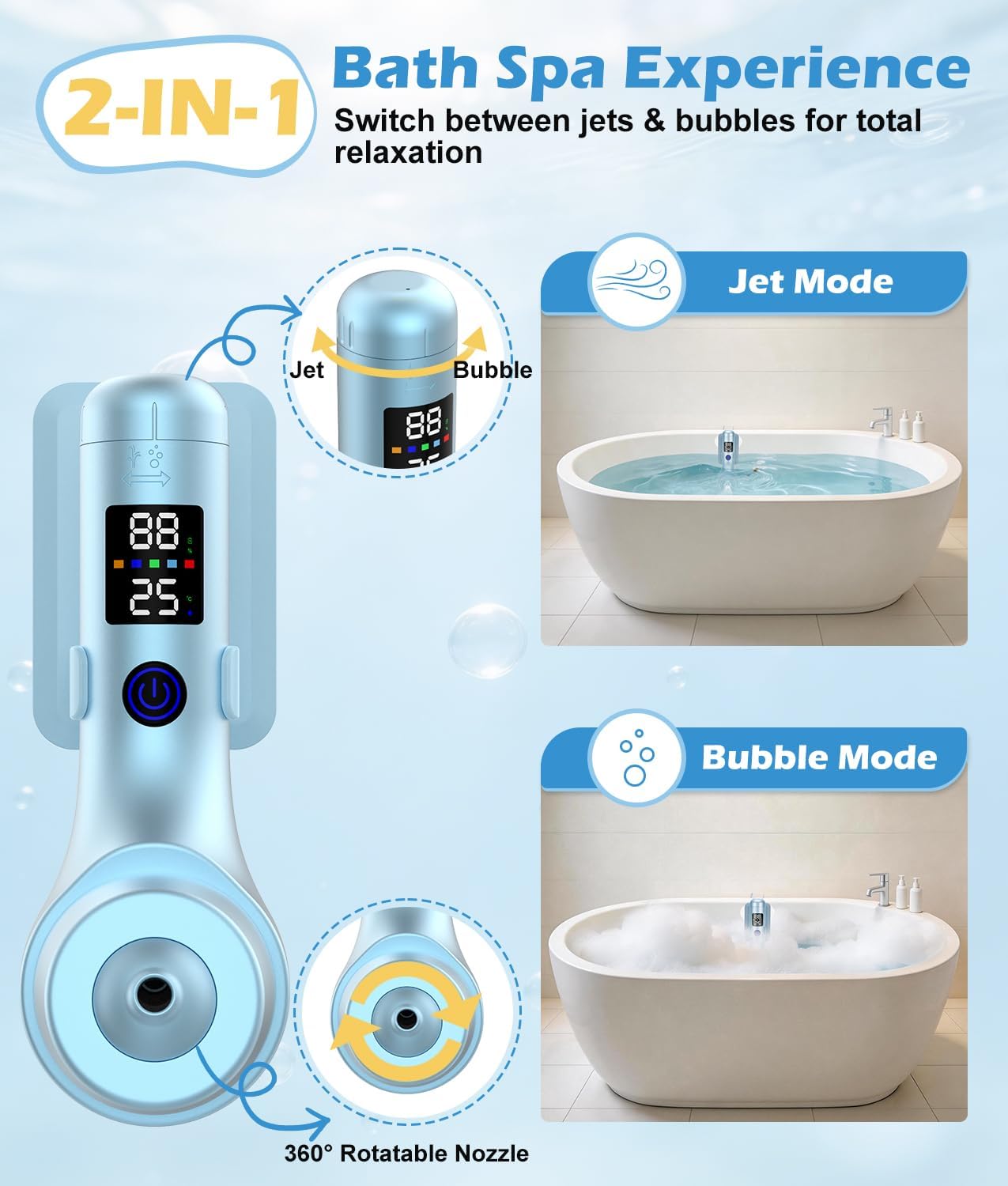 Bath Jet Spa for Tub, 10400mAh Rechargeable Bathtub Jet with LED Display, Portable Jet Spa with Bubble/Jet Mode and 5-Level Adjustable Speed, IPX8 Waterproof for Daily Home Spa, Blue