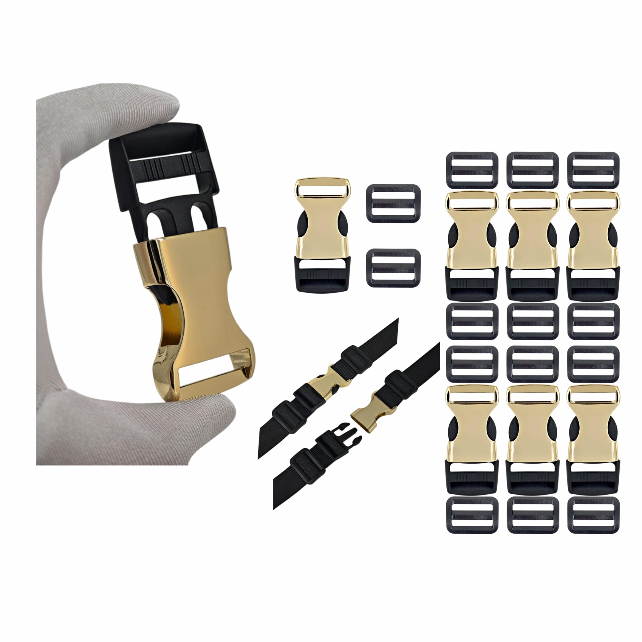 Quick Slide Release Buckle for 1" width Straps | Golden | Slide Fasteners Replacement |Buckle x 6 | Tri-Glide Fasteners x 12 Pcs