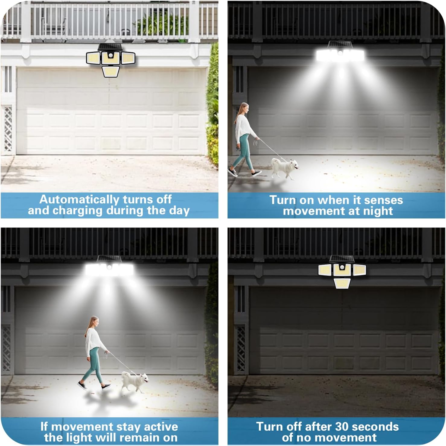 Sequence of images showing the AmeriTop solar light's motion sensor behavior: charging during day, turning on with movement at night, staying on with active movement, and turning off after 30 seconds of no movement.