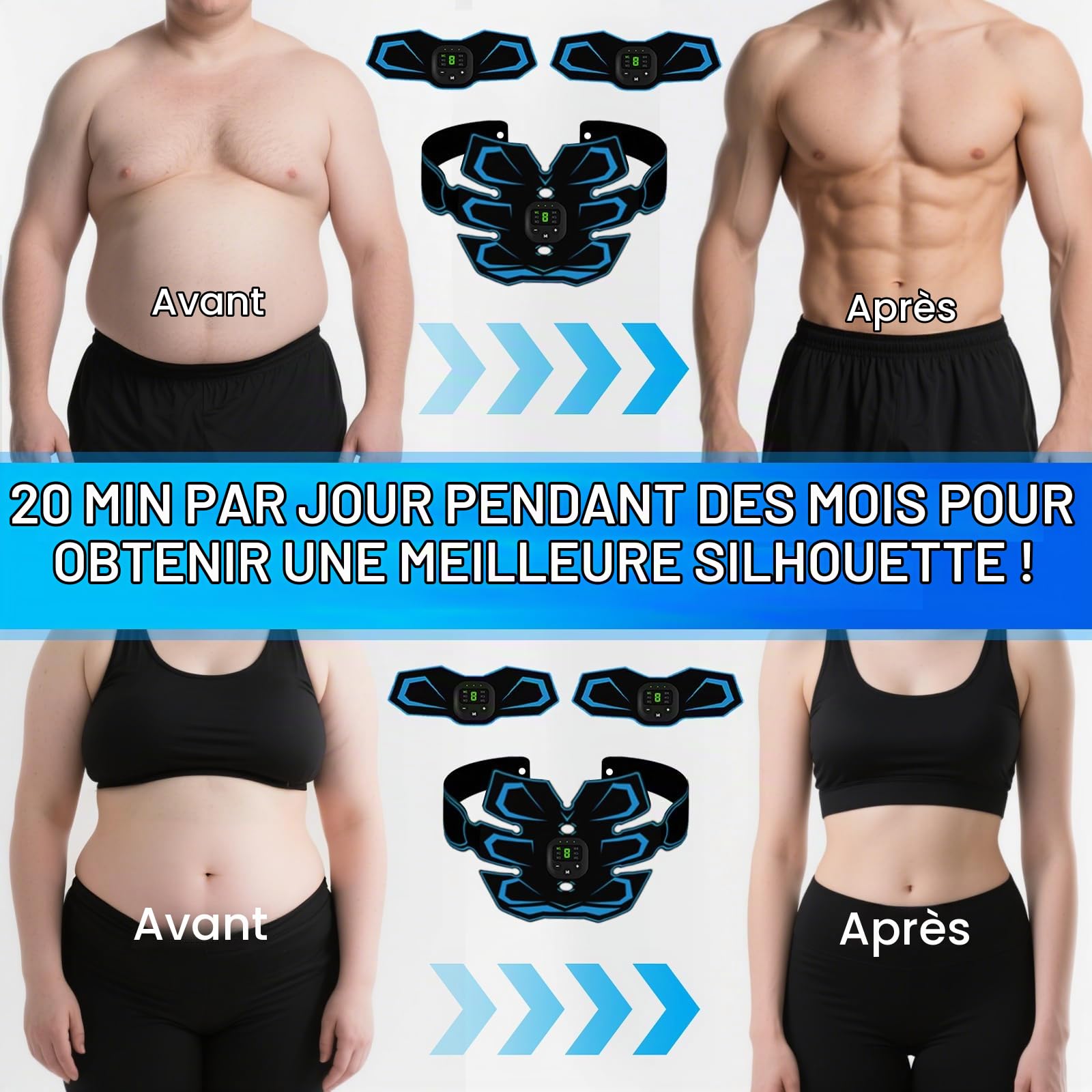 EMS Electrostimulateur Musculaire, Stimulateur Musculaire, 6 Modes et 19 Intensités Ceinture Musculation Electrostimulation, pour Abdos/Bras/Jambes/Fesses, Homme Femme