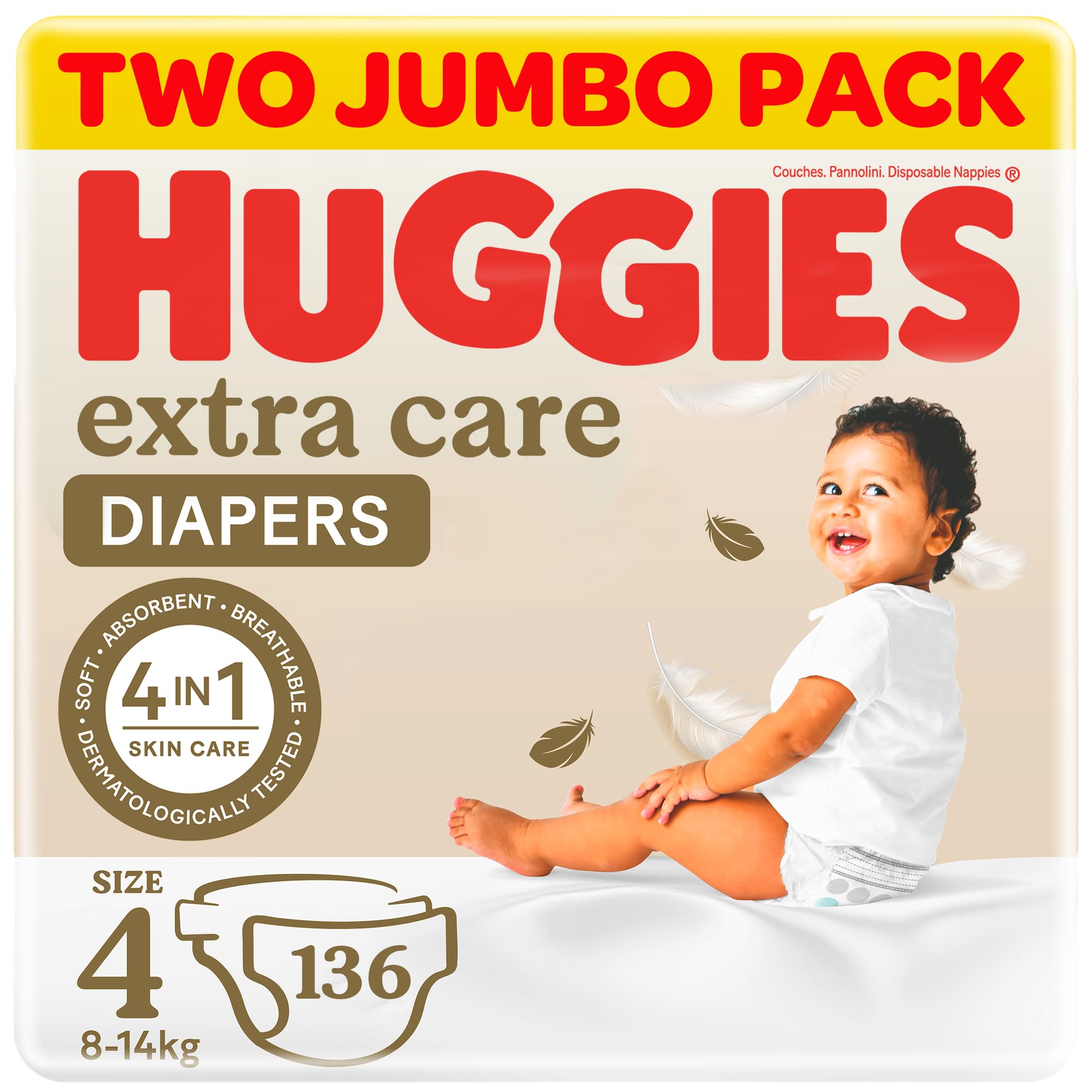 Huggies Extra Care Baby Diapers, Size 4 (8-14 kg), Twin Jumbo Pack, 136 Diapers