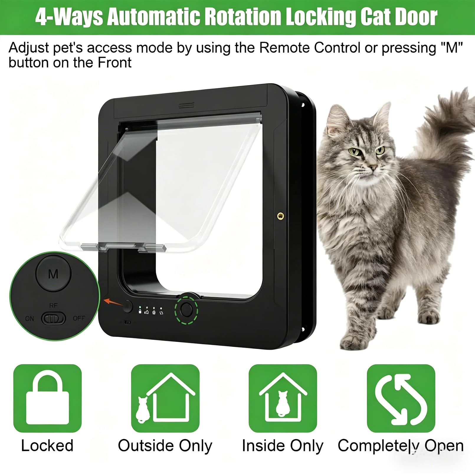 Puerta para Mascotas con Microchip Inteligente para Gatos Y Perros Pequeños, Desbloqueo Automático con 2 Llaves De Collar, Control Remoto, Bloqueo En 4 Direcciones, Puerta De Gato Impermeable