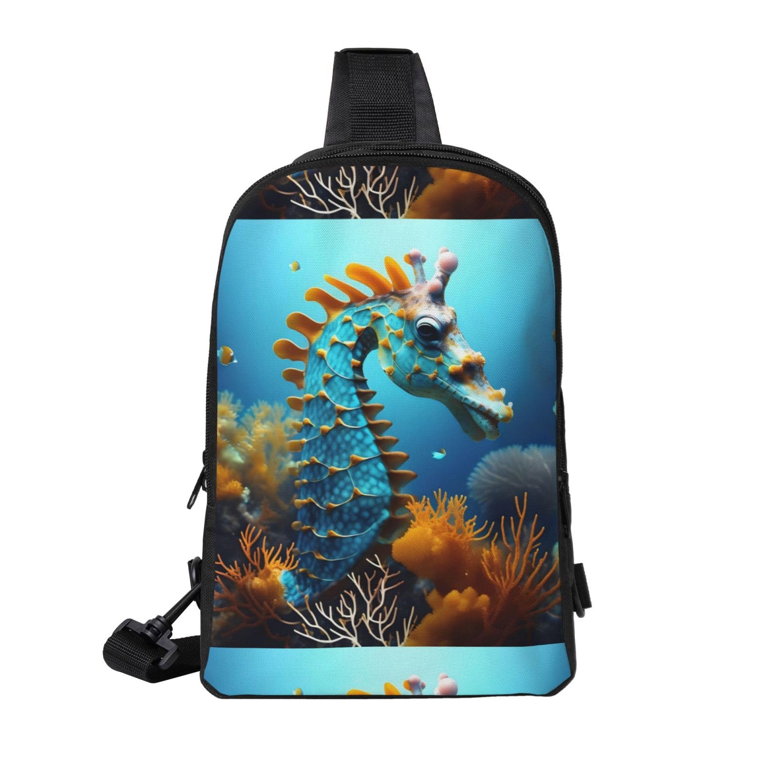 Blue Seahorse Adjustable Strap Large Capacity Double Layer Crossbody Chest Bag 7.7x2.4x11.8in For Camping Travel Daily Leisure Activities