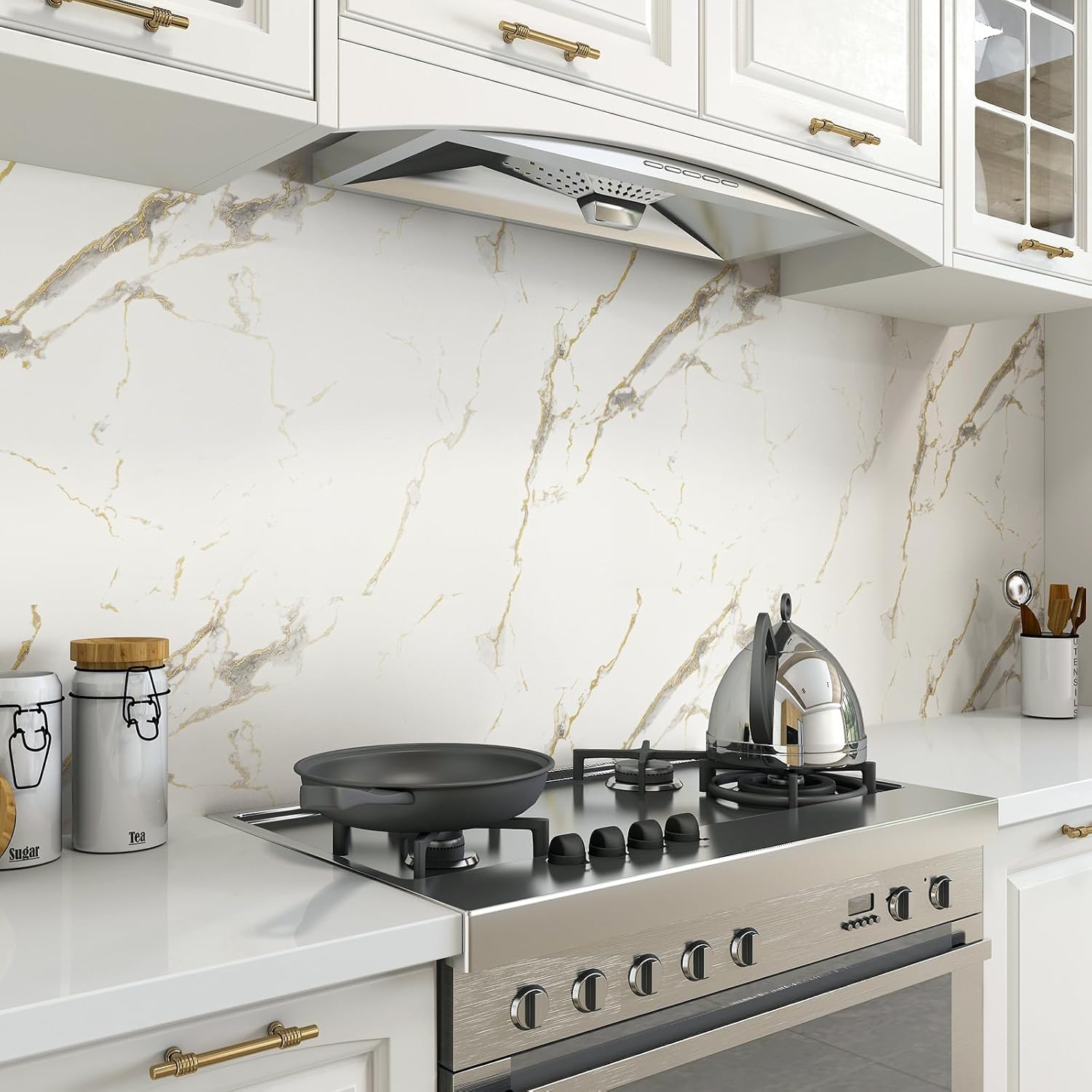 Decotalk 200"x17.7" Contact Paper Peel and Stick White Gold Marble Contact Paper, Countertop Marble Contact Paper Waterproof, White Gold Wallpaper for Kitchen, Removable Wallpaper Gold White Vinyl