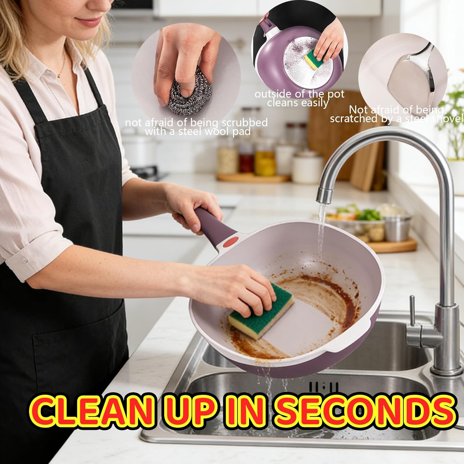 12In Titanium Alloy Nonstick Pan with Lid & Steamer, Ergonomic Stay-Cool Handle, Deep Saute Pan, Multipurpose Ceramic Frying Pan for Cooking Frying,Induction & Gas Stove Compatible