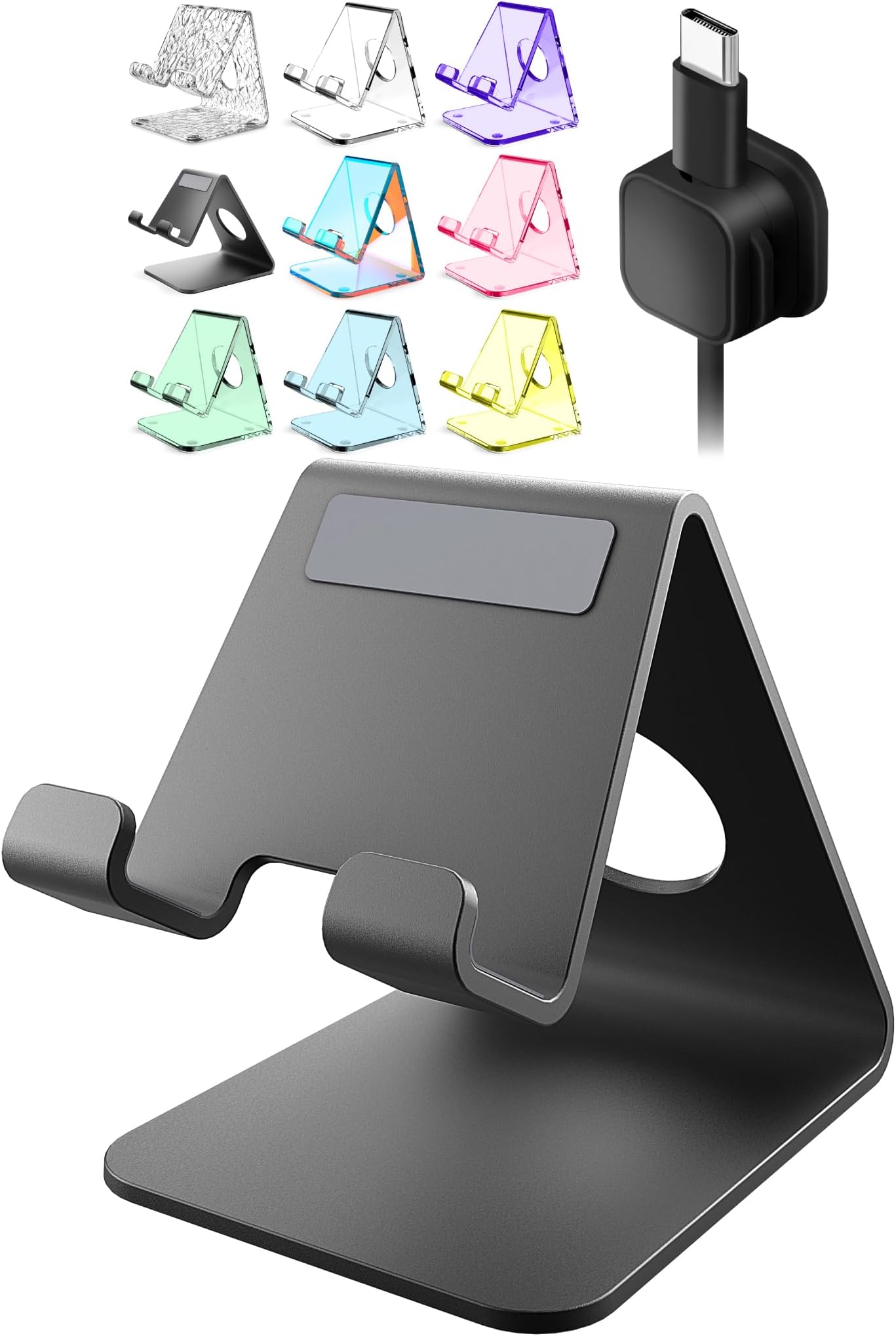 TOPGO Cell Phone Stand for Desk, Device Holder, Cradle, Holder, Metal Phone Stand with Cable Collective for Office Desk, Bedside Table Compatible with iPhone 17 16 Pro Max and All Smart Phones - Black