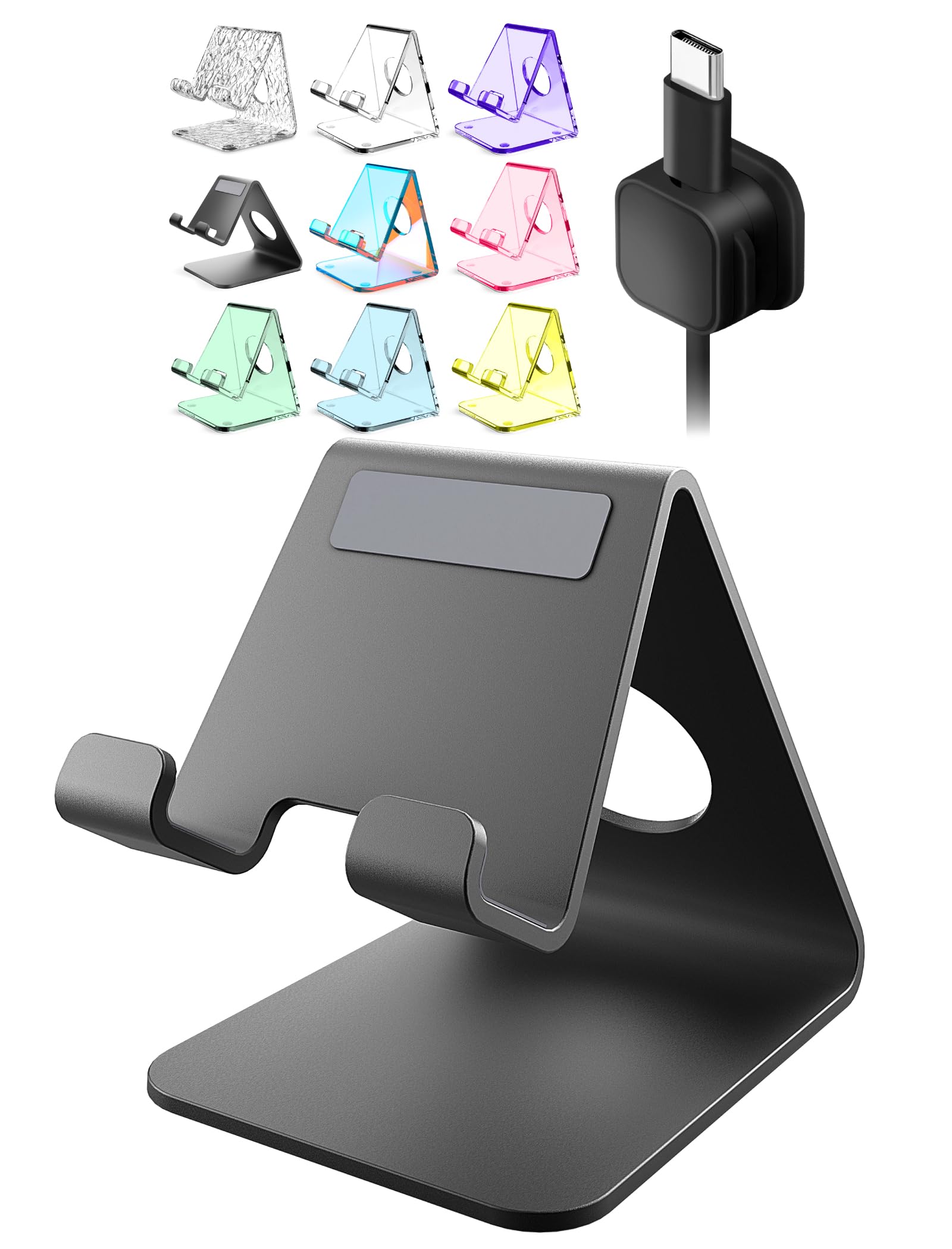 TOPGO Cell Phone Stand for Desk, Device Holder, Cradle, Holder, Metal Phone Stand with Cable Collective for Office Desk, Bedside Table Compatible with iPhone 16 15 Pro Max and All Smart Phones - Black