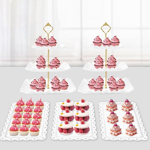 PinCute 5 Pcs Dessert Table Display Set - 2 X Cupcake Stand Holder/Cup Cake Tier Tower & 3 X Serving Tray Combo for Tea Party, Birthday, Baby Shower (Wave Square)