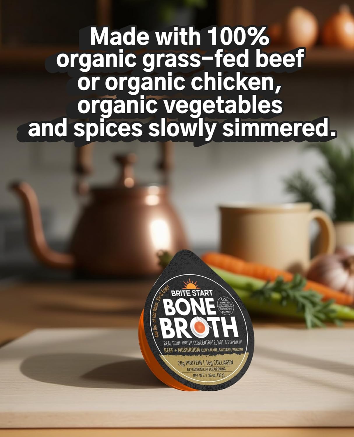 Brite Start beef mushroom bone broth concentrate gel packets, restorative protein, 20g protein, 16g collagen, porcini shiitake lion’s mane, 12 count