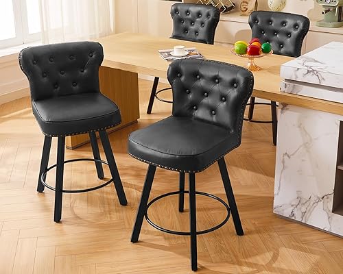 Miniatura 25 de Taburetes de bar de altura de mostrador, taburetes retro para cocina, taburete de bar giratorio con base de metal ajustable, taburete de cuero Negro
