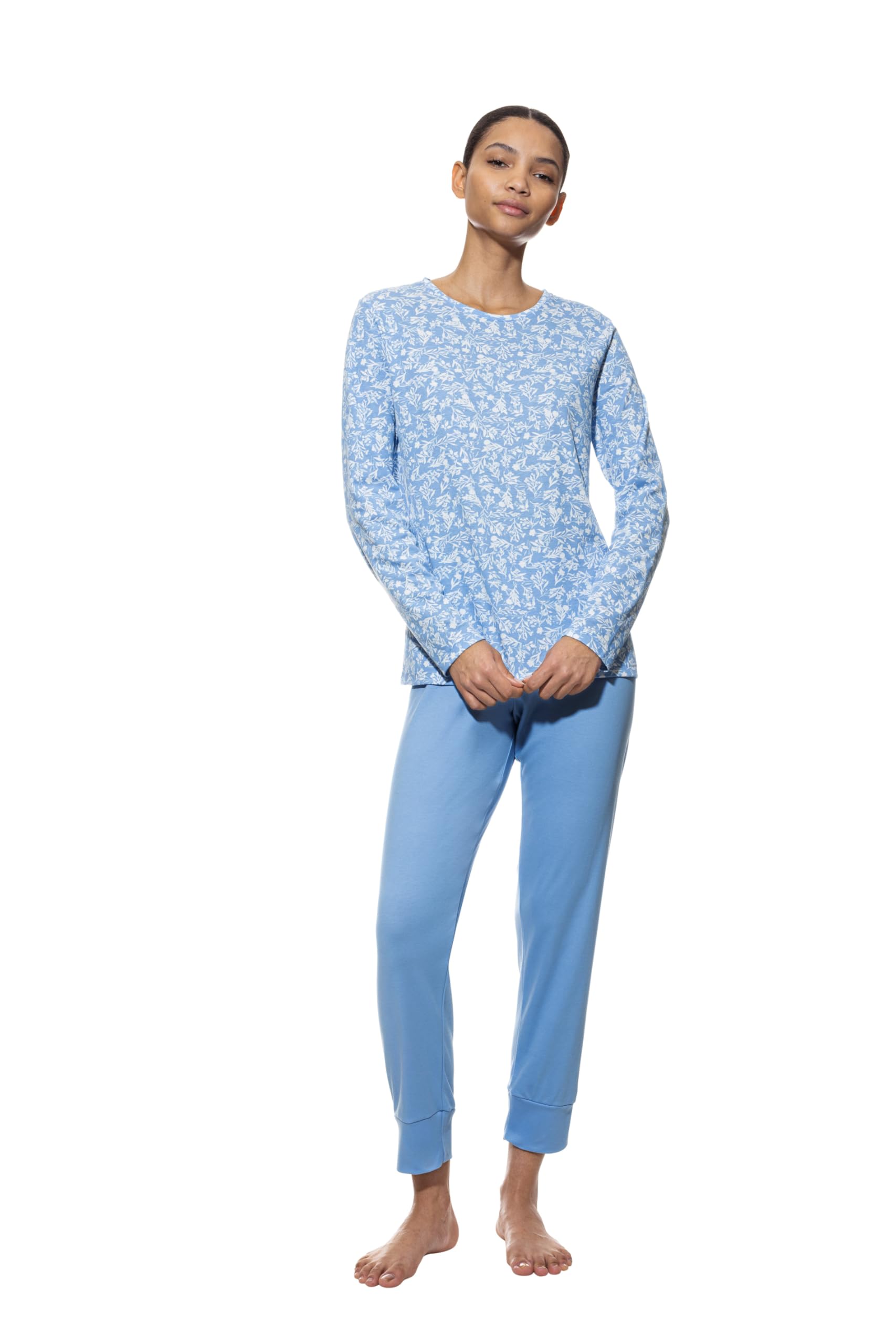 Mey Damen Anzug 7/8 lang, Langarm: 2-teilig, Legere Passform, Rundhalsausschnitt, Oberteil mit floralem Print, 7/8-Hose Uni, Blue Silk, Serie Flower Meadow