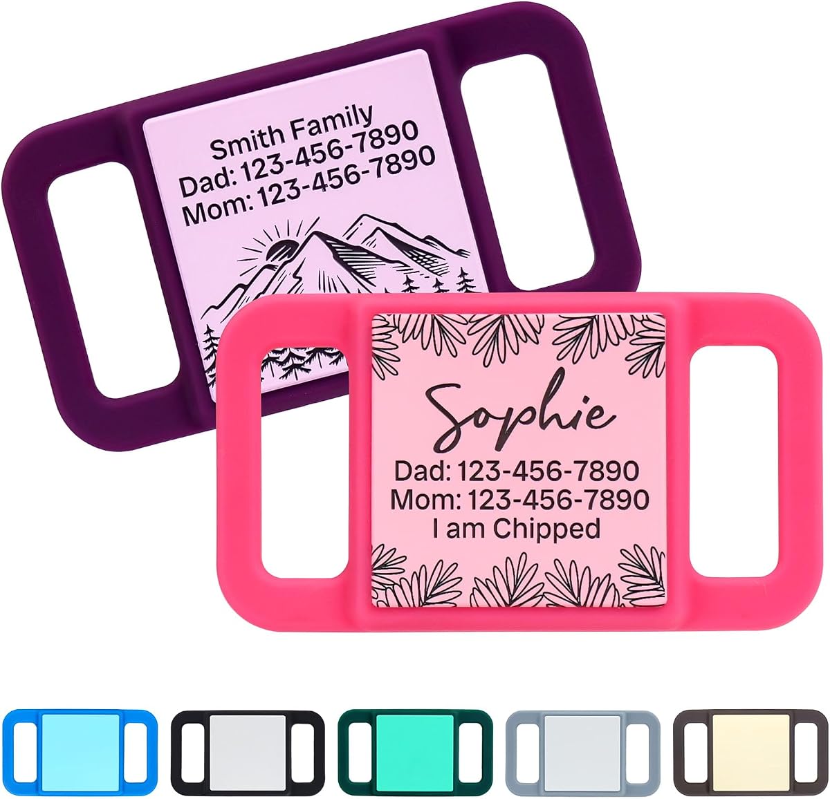Silent Dog Tag, Personalized Engraved Tracker Case for Pet Collar, Quiet Slide On Tags for Collars