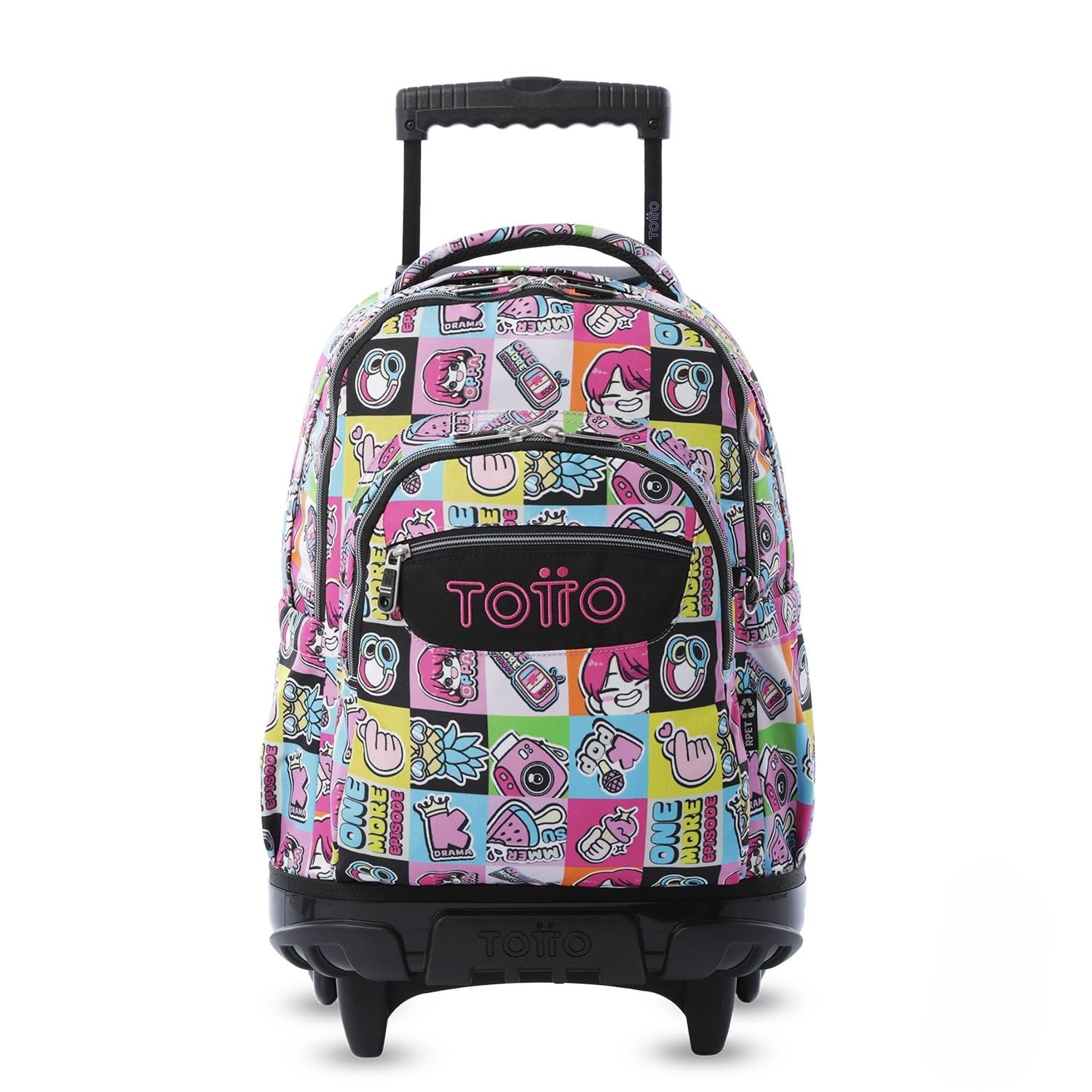 TOTTO - Mochila Escolar con Ruedas, Modelo Renglones, Capacidad 26,21 Litros, Bolsillo para PC 14", Bolsillo Botella, Correas en S para Mayor Comodidad, Resistente, Estampado K-Pop Rosa