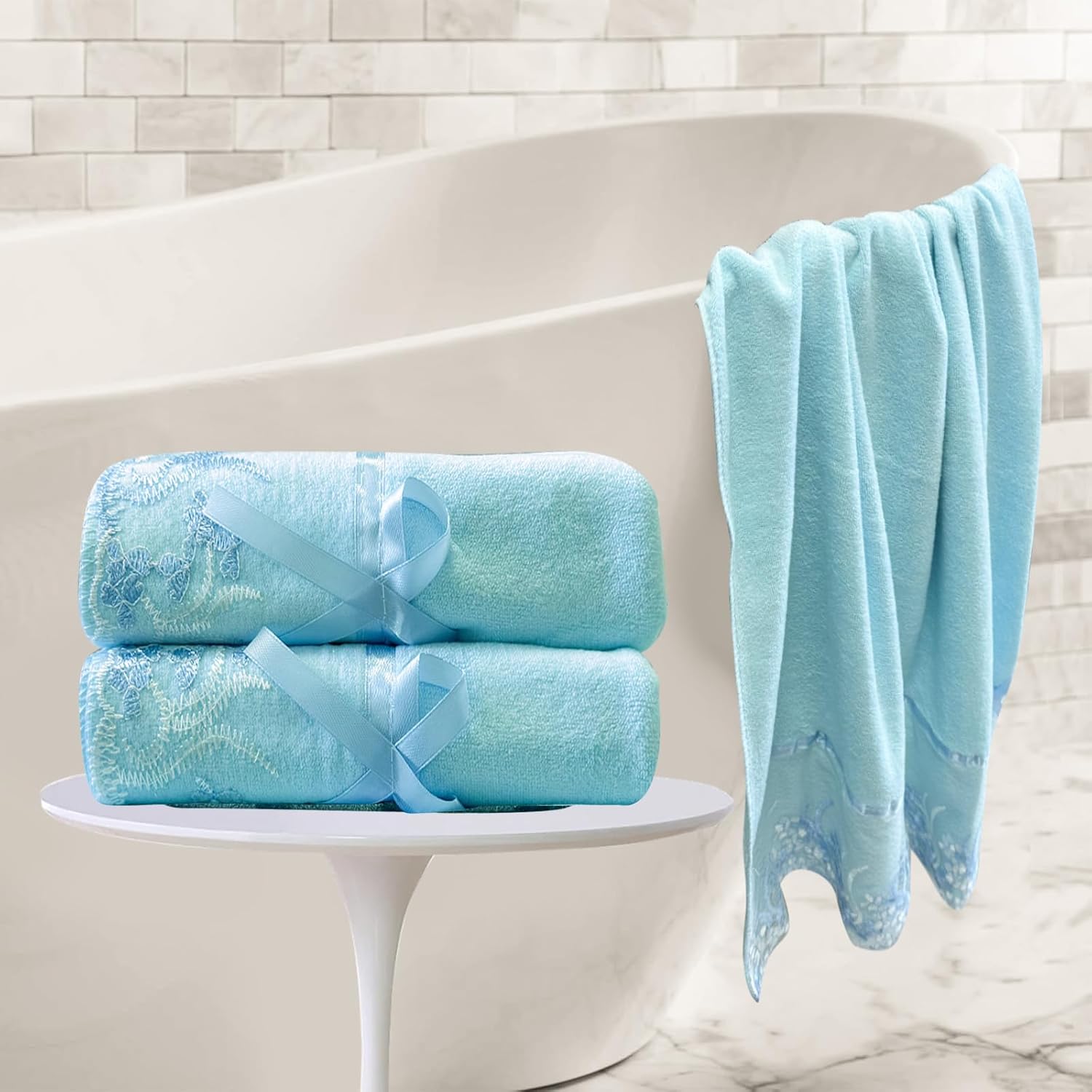 Lace Bath Towels, Blue Velvet Soft & Durable Towels Set Bath Towels and Hand Towels Set for Daily Use Bathroom Shower (1 Bath Towel+2 Hand Towels) - Image 6