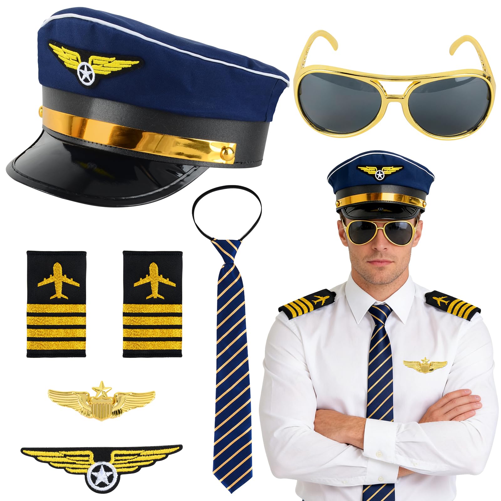 7 Piezas Accesorios de Disfraz de Capitán Piloto, Sombrero de Aviador, Brazalete, Gafas de Corbata, Insignias, Medalla, Accesorios para Disfraz de Piloto para Fiesta de Disfraces de Cosplay