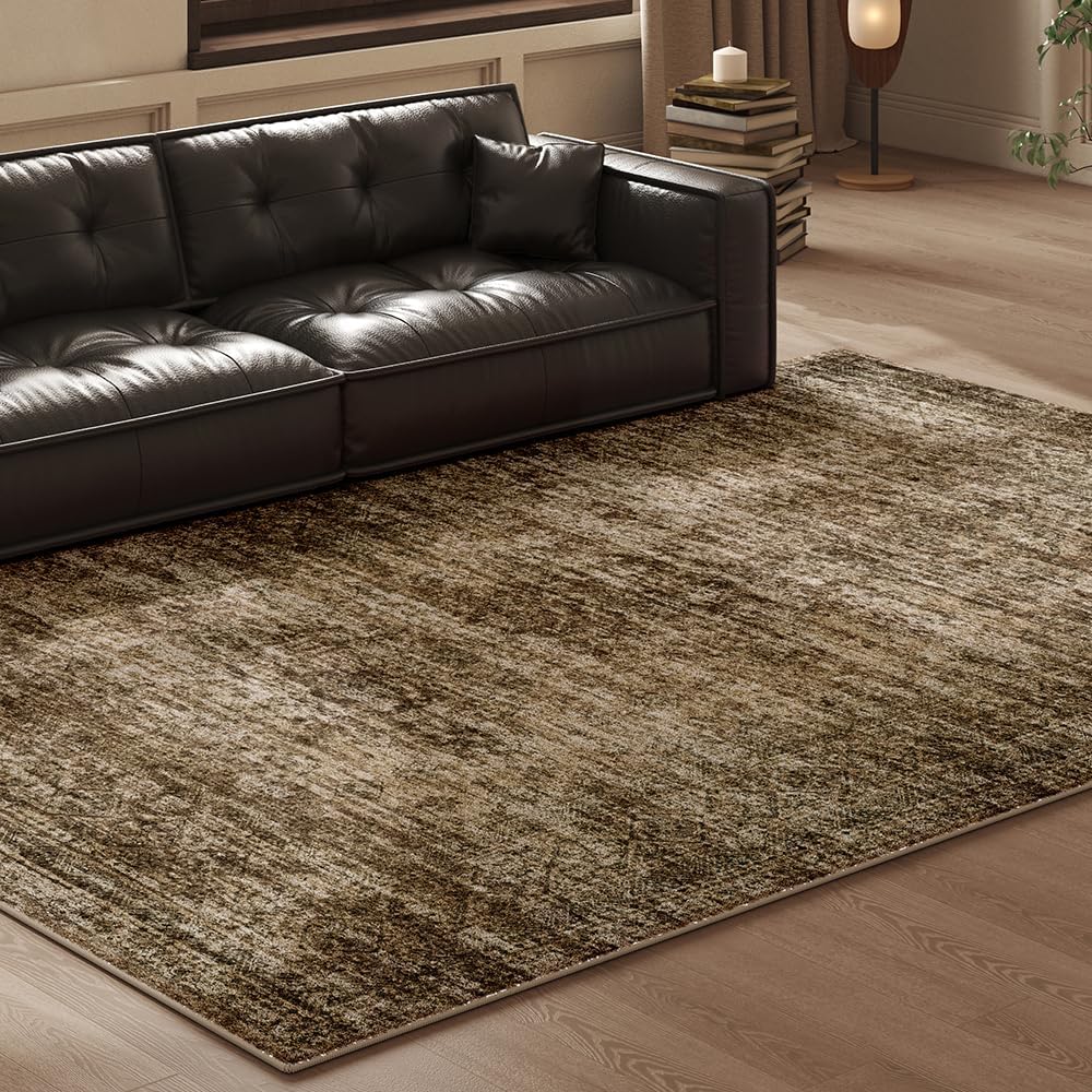 Area Rug 4x6 Washable Rug/Machine Washable Brown Vintage Traditional Floor Cover Foldable Thin Retro Style Indoor Distressed Non-Slip Carpet Bedroom Living Room Dressing Table