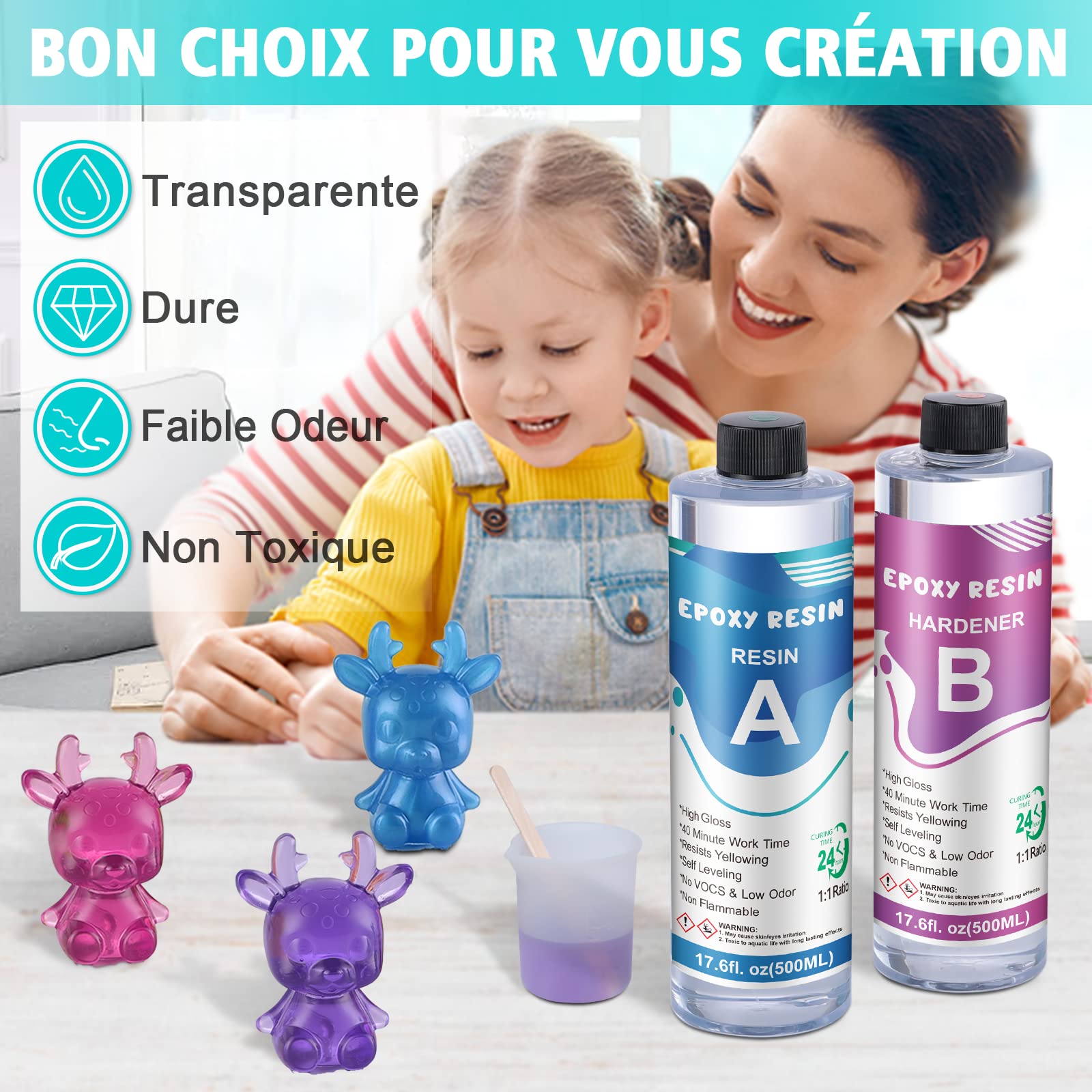 Kit Résine Epoxy OFCIIN 400ml Transparente - Avec Colorants Et Paillettes Pour Artisanat Et Bijoux