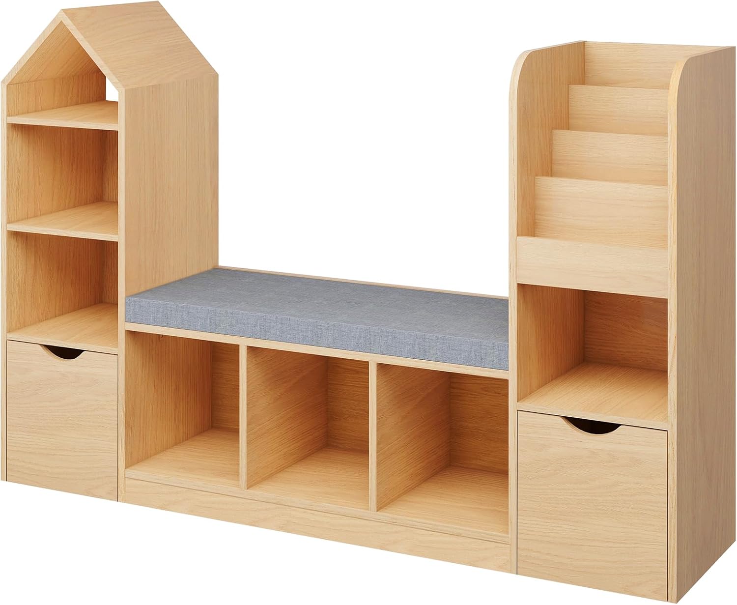 Vabches Toy Storage Organizer for Kids Bookshelf with Reading Nook, Multifunctional Kids Bookcase with 7 Storage Cubbies, 2 Movable Drawers and Seat Cushion for Keeping Kids' Toys Books Organized, Oak