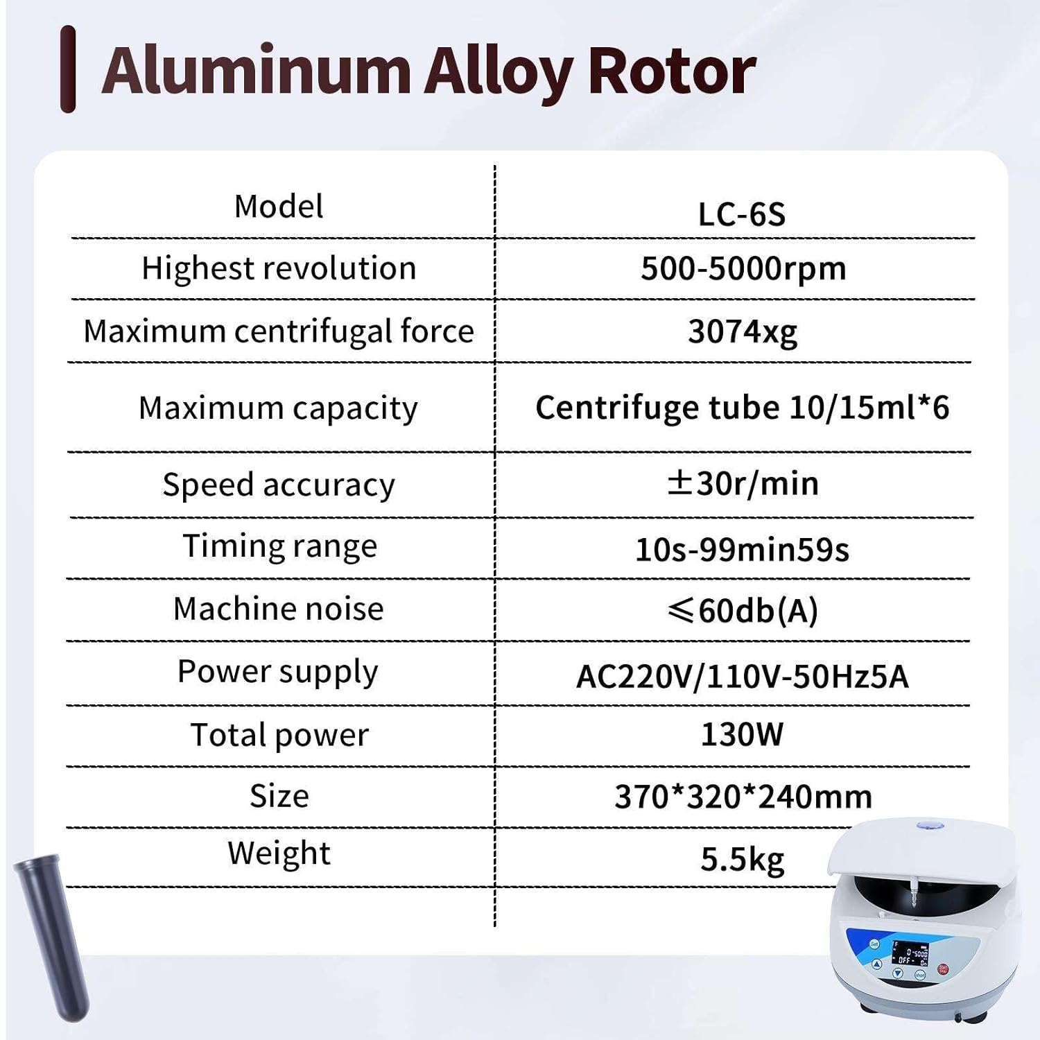 LCD Digital Portable Lab Blood Centrifuge PRP Centrifuge Machine 500‑5000 RPM, Aluminum Alloy Rotor, Max 3074xg RCF, LC‑6S 6×5ml/10ml/15ml Tube, Timer 10s‑99min59s Centrifuge