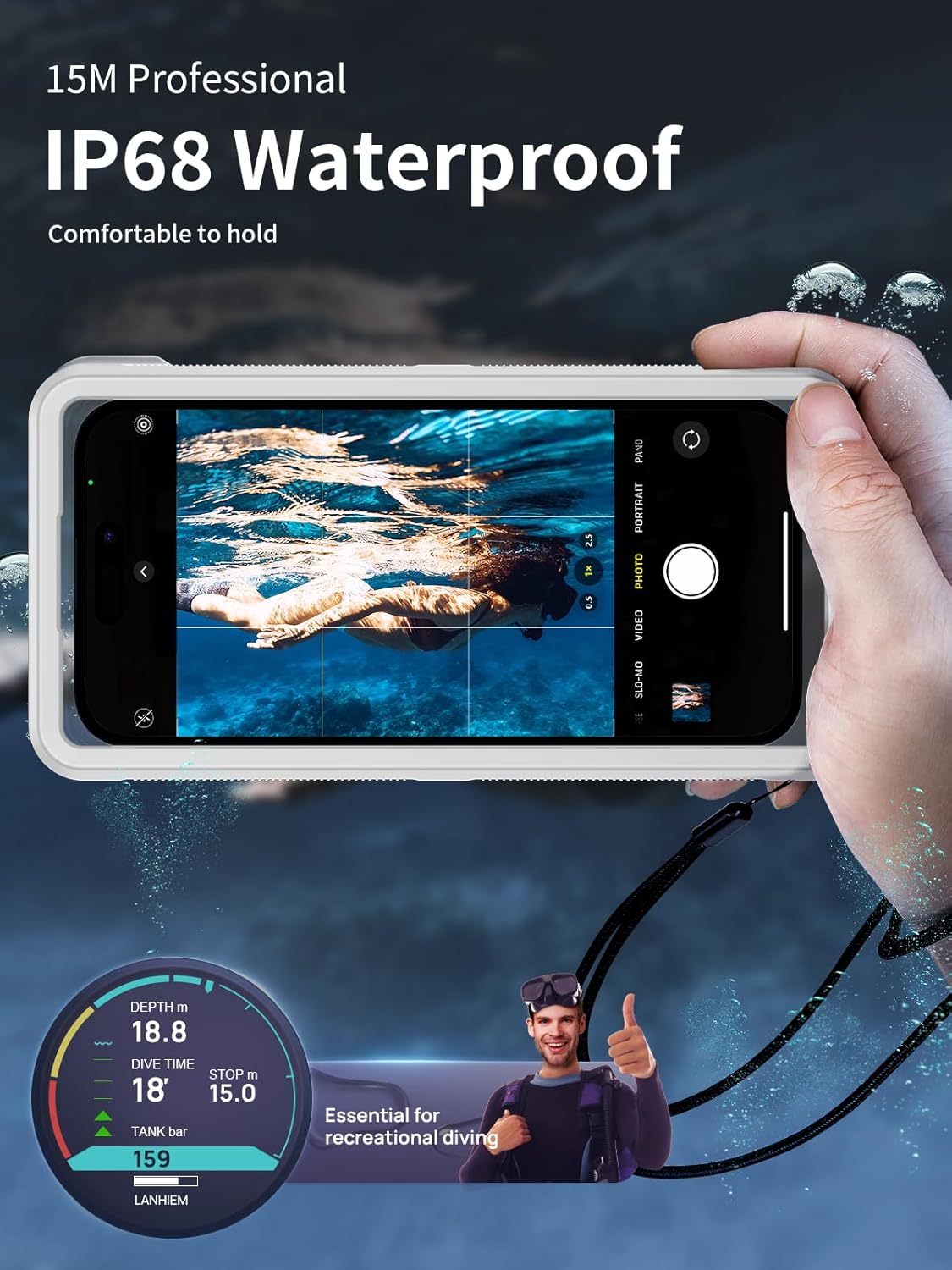 Lanhiem Snorkeling Underwater Phone Case for Diving, IP68 Professional Universal Waterproof Outdoor Video Photo Cellphone Case with Lanyard for iPhone Galaxy Pixel Moto All Series (Clear/White)