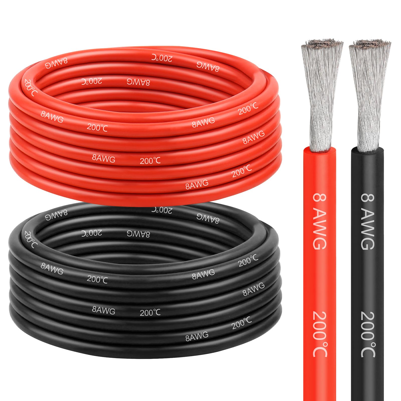 8 Gauge Silicone Wire (20ft Red & 20ft Black), 8 AWG Electrical Cable 0.08mm Tinned Copper Core High Temperature Resistant Wire, Soft And Flexible For