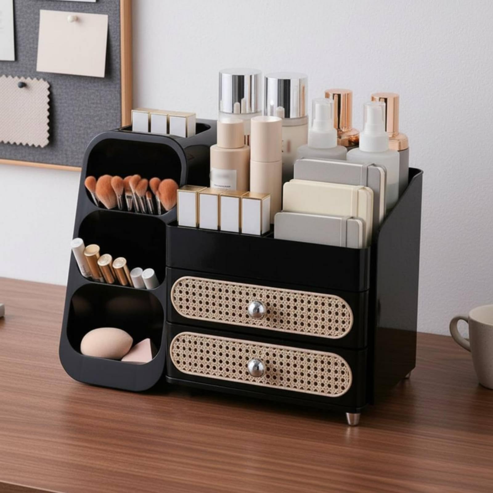Milageto Organizador de Maquillaje con Compartimentos Caja de Labiales Estuche de Cosméticos Dispensador de Brochas Diseño por Deslizante en y Pet, Array, Negro