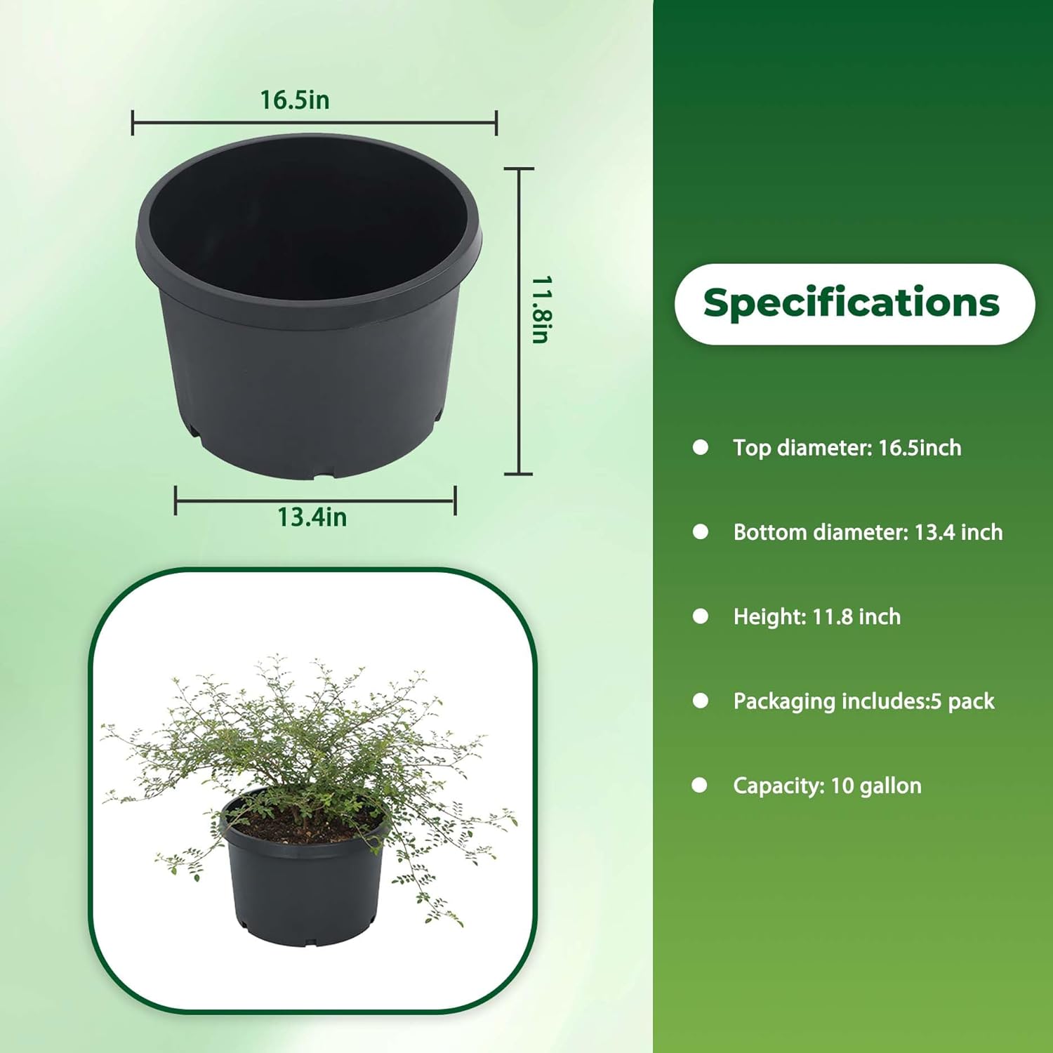 Plant Pots 5-Pack 10 Gallon Nursery Pot Garden Containers Plastic Injection Molded Pots for Outdoor Indoor Plants Vegetables, Black