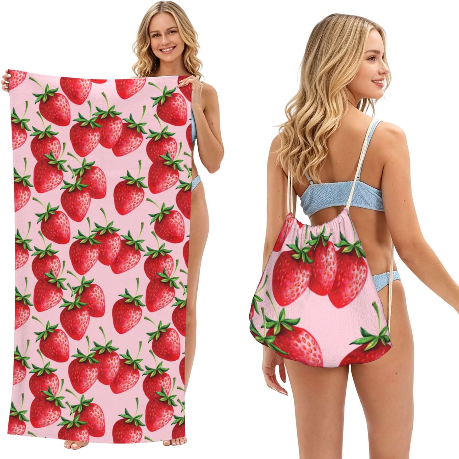 Poadnly Strawberries With Pink Background, 2 in 1 Packable Towel Bag, Beach Towels with Drawstring Backpack for Travel Holiday Camping