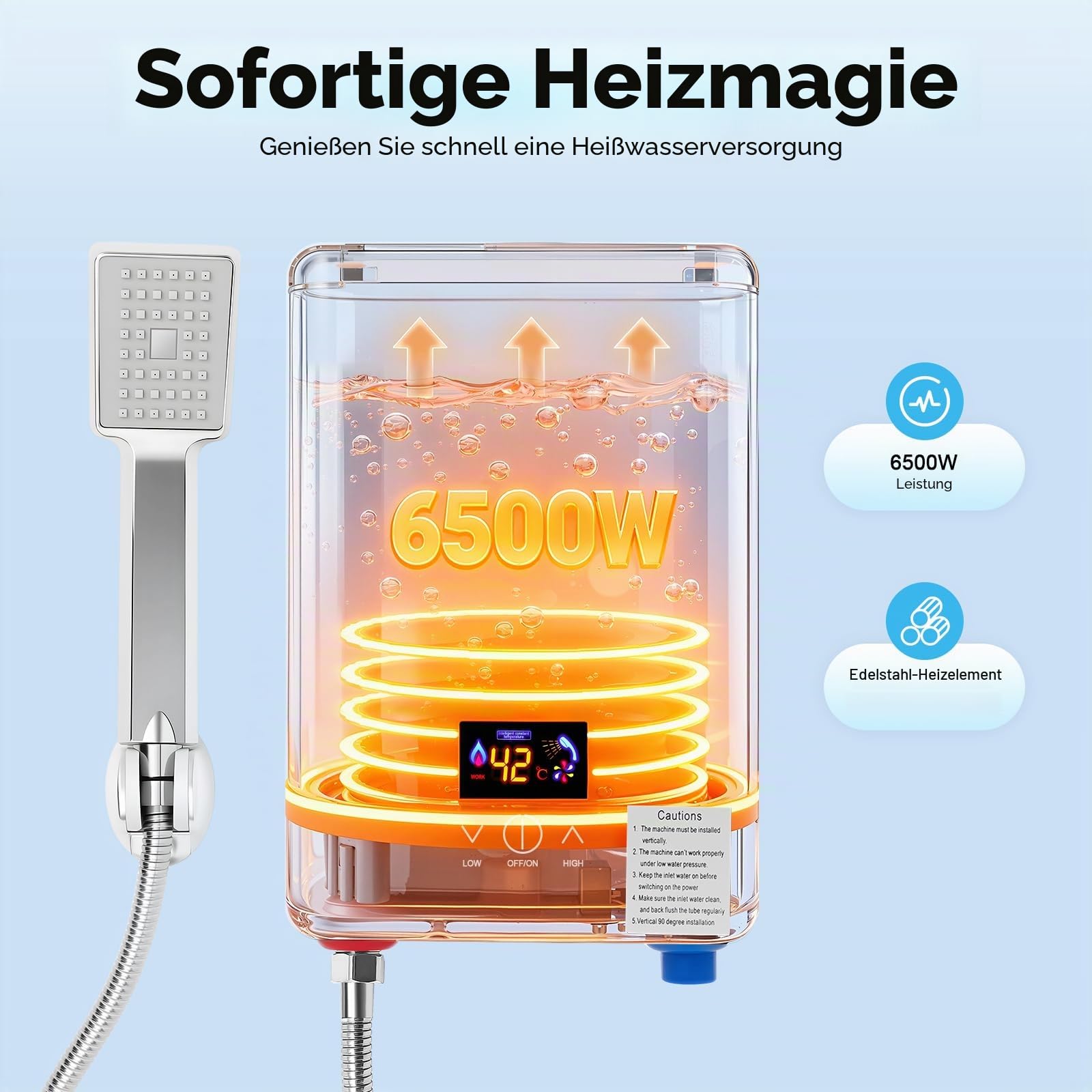 6500W Mini Durchlauferhitzer Dusche 220V Elektrischer Warmwasserbereiter mit Digitalanzeige, IPX4 Wasserdichtigkeit, Kompakte Größe Instant-Heizung inklusive Duschkopf
