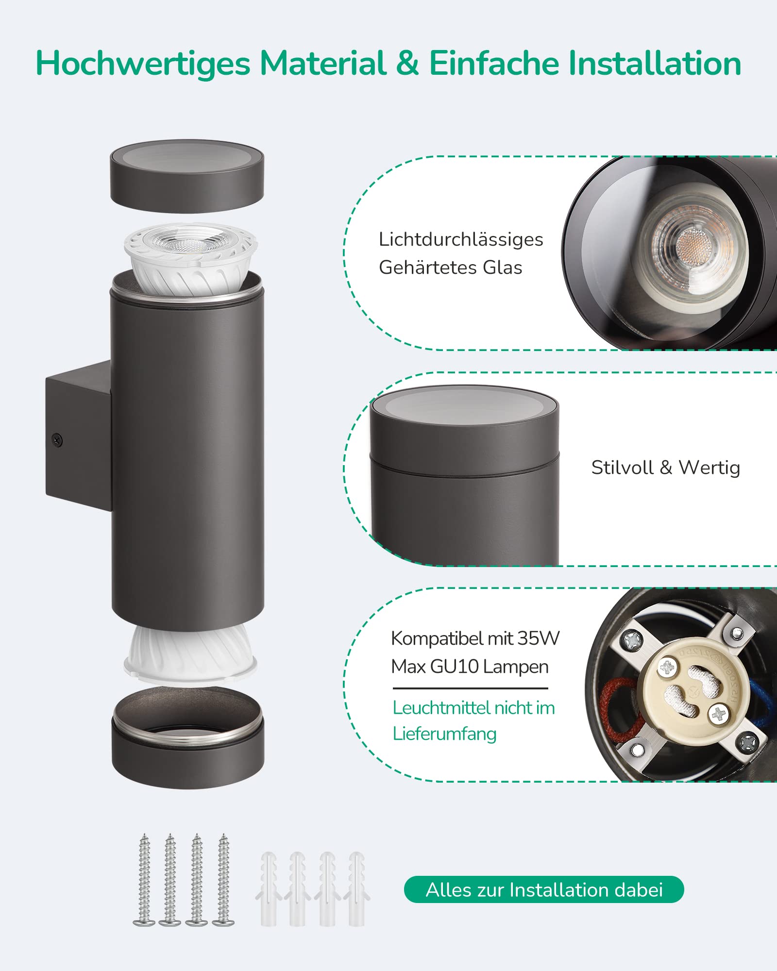 EDISHINE Up and Down Aussenleuchte, Anthrazite Wandleuchte Aussen 2er, IP44 Wasserdichte Wandlampe, Aussenbeleuchtung Hauswand, Terrassenbeleuchtung, Balkon Lampe, Modern, ohne Leuchtmittel