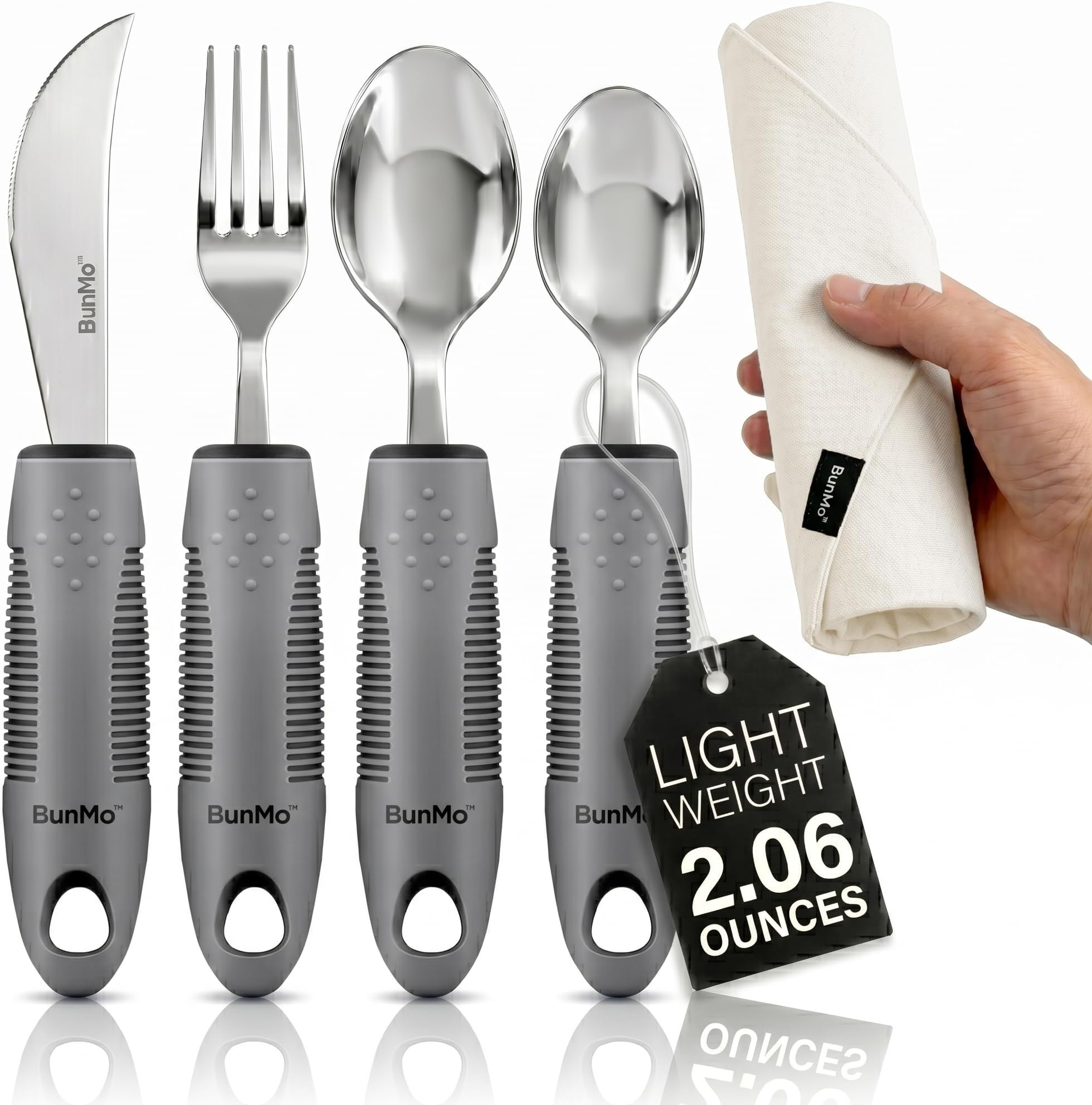 BUNMO Weighted Utensils for Hand Tremors - Elderly, Weak Hand Grip & Handicapped - Stainless Steel - Eat Independently