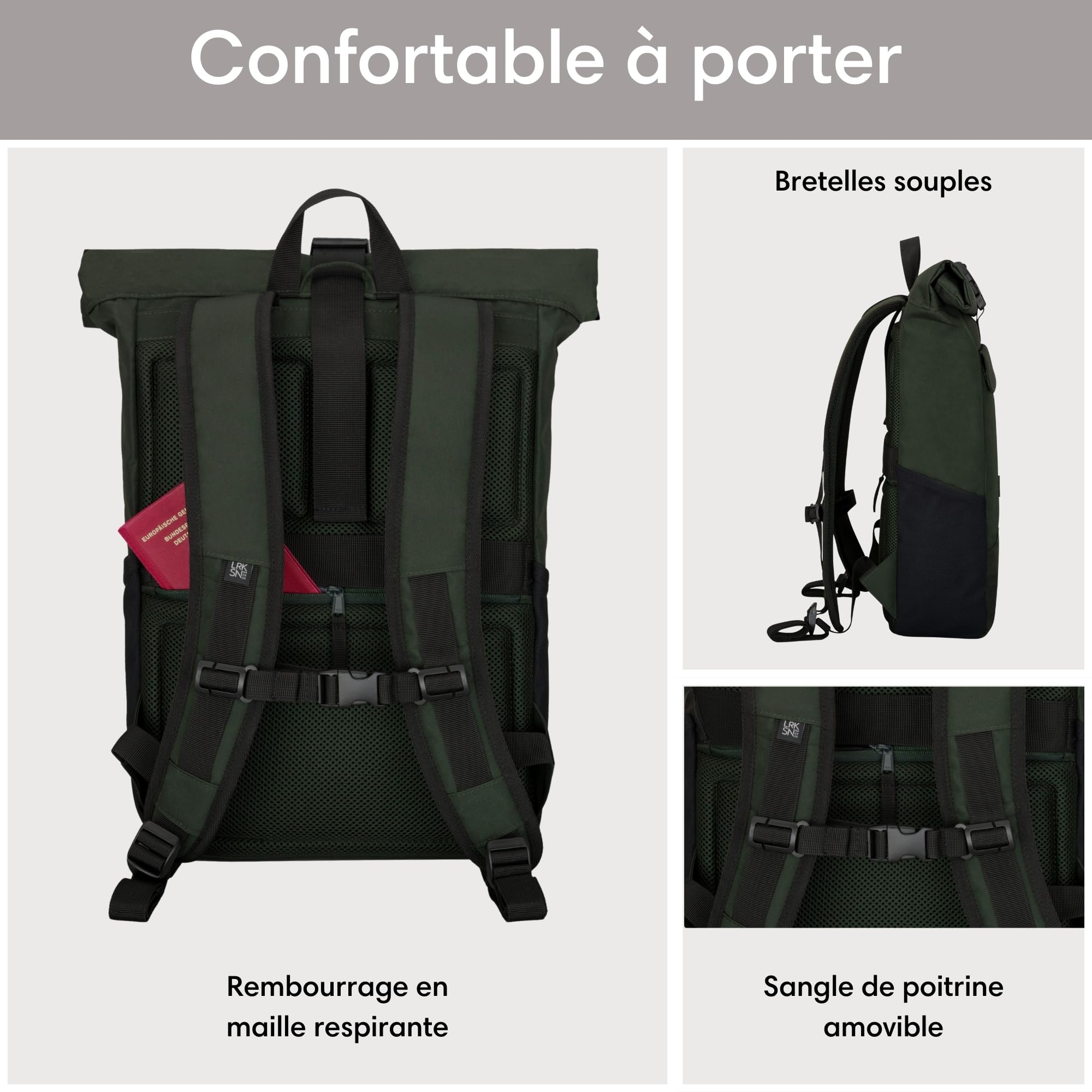 Larkson Sac à Dos Roll Top Femmes & Hommes - No 4 - Backpack pour l'École, l'Université - Compartiment Ordinateur Portable 16 Pouces - Hydrofuge