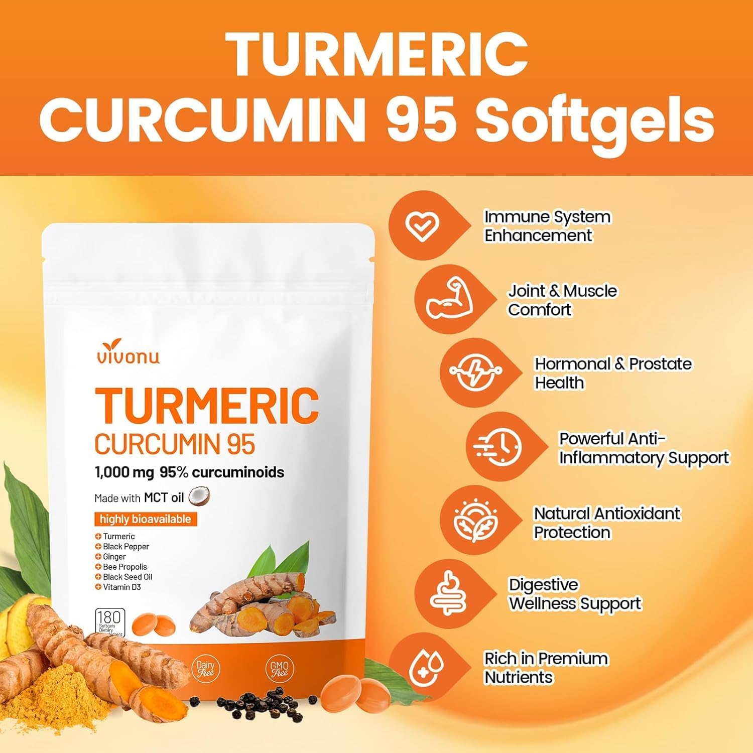 10-in-1 Turmeric Supplement Softgels, 95% Curcumin for 1000mg, Made Mct Oil, 60-Day Supply with Black Pepper, Ginger, Propolis Powder, Black Seed Oil, Saw Palmetto Oil, Zinc, Vitamin D3, E & More - Image 2