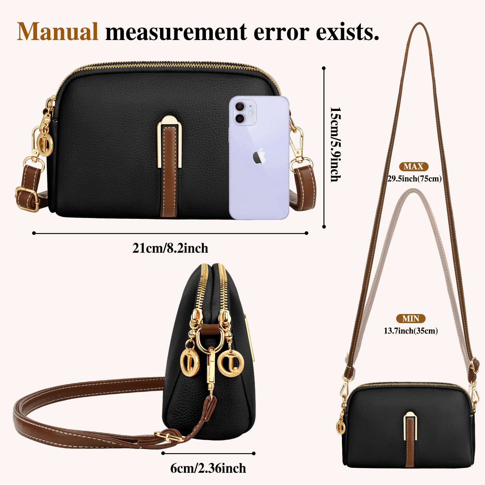 TEUEN Petit Sac a Bandoulière Femme, Simili Cuir Souple en PU Saccoche Bandouilliere avec Poches Multiples 2 in 1 Sacs à Main Portés Épaule et Pochette Bandoulière pour Telephone Portable