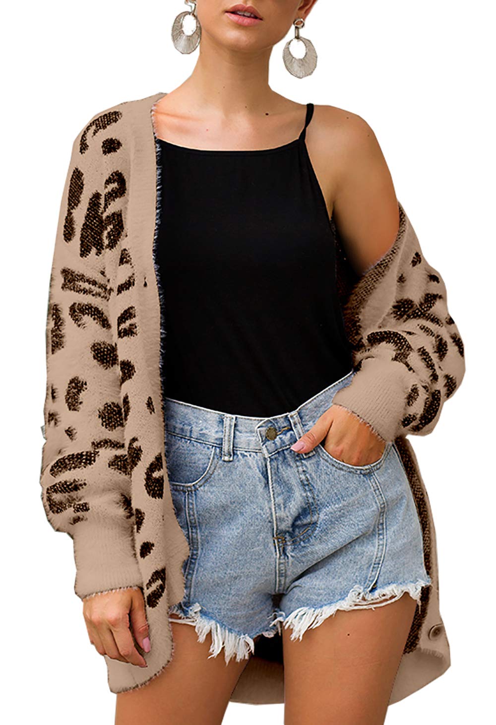 Women Fashion Leopard Print Button Down Long Sleeve Soft Loose Knit Sweater Cardigan Coat Fall Winter Outwear