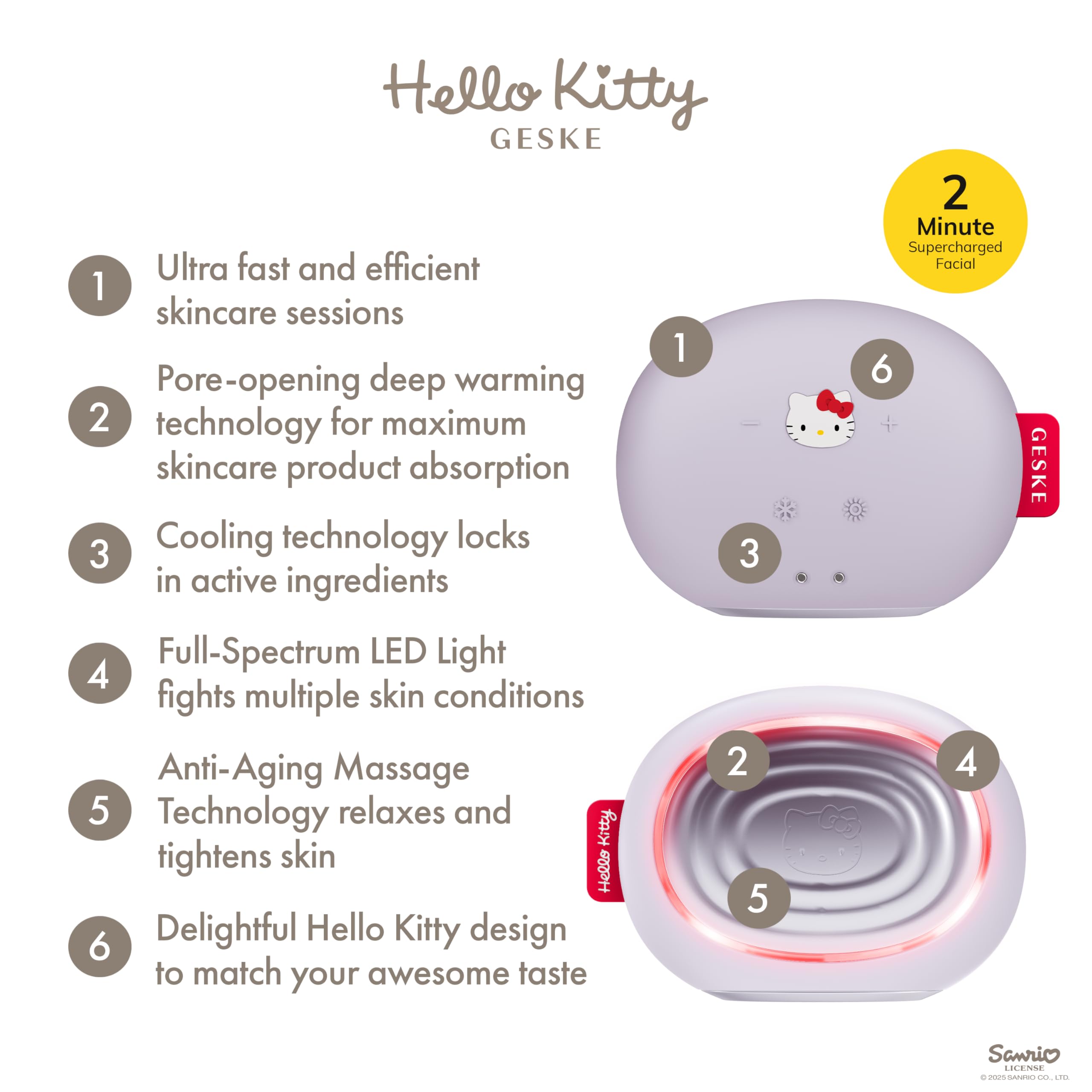 GESKE x Hello Kitty | SmartAppGuided™ Sonic Warm & Cool Mask | 8 en 1 | Máscara facial LED de belleza | Terapia luz roja | calor | Enfriamiento | Mayor absorción del cuidado facial | masajeador facial