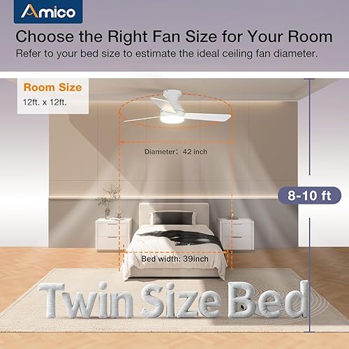 Miniatura 79 de Amico Ventiladores de techo con luces, perfil bajo, control remoto, montaje empotrado, reversible, 3CCT, regulable, silencioso, para dormitorio, uso
