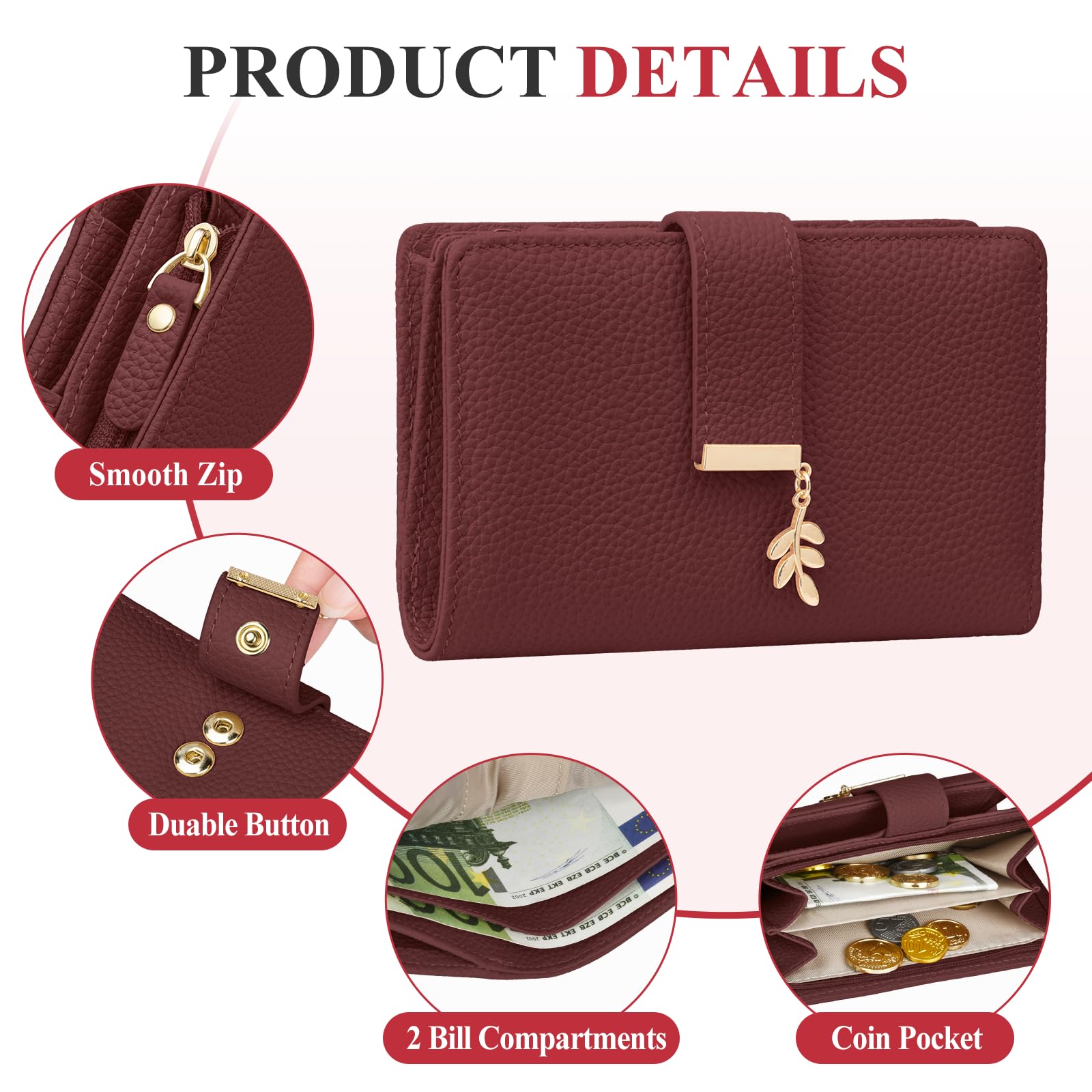 LUROON Portafoglio Medio Donna Pelle con Blocco RFID Portamonete Donna con Slot per Carte, Scomparto per Monete Portafoglio Pelle Tanti Scomparti