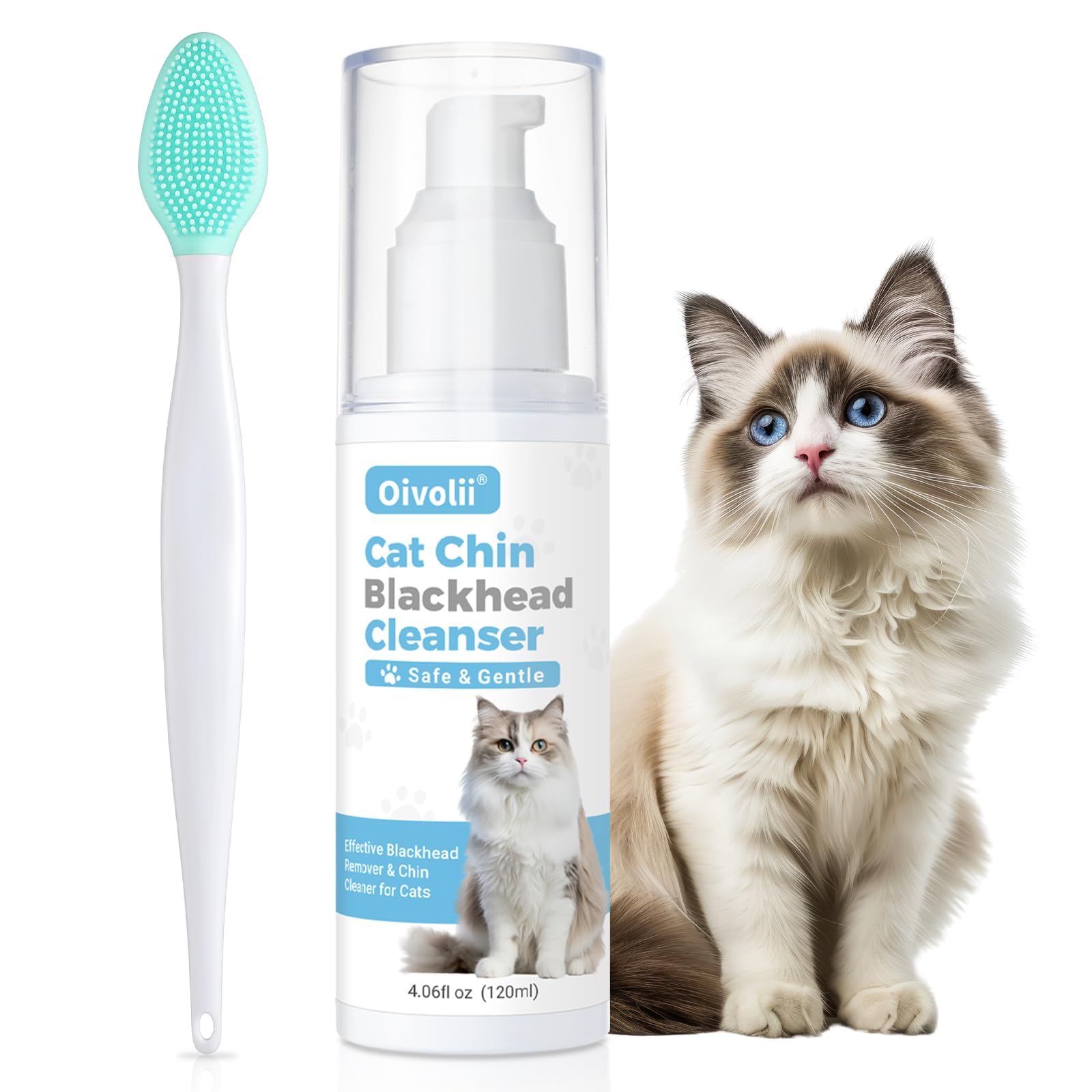 Oivolii Cat Black Seed Cleaner Kit,120ml Remove Cat Chin Blackheads Gentle & Effective Acne Chin Treatment 2-in-1 Wash and Black Seed Brush Soft Silicone Cat Grooming Scraper Brush