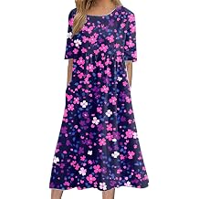 domirica Floral Dress for Women Casual Summer Midi Boho Floral Printed Dresses Short Sleeve Trendy Elegant with Pockets