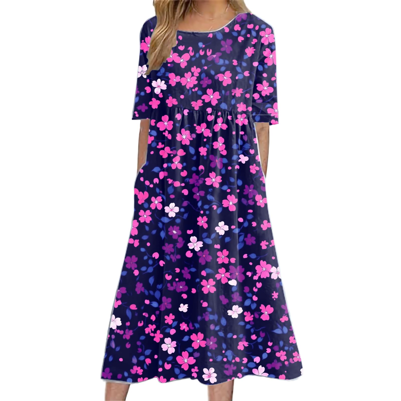 Floral Dress for Women Casual Summer Midi Boho Floral Printed Dresses Short Sleeve Trendy Elegant with Pockets