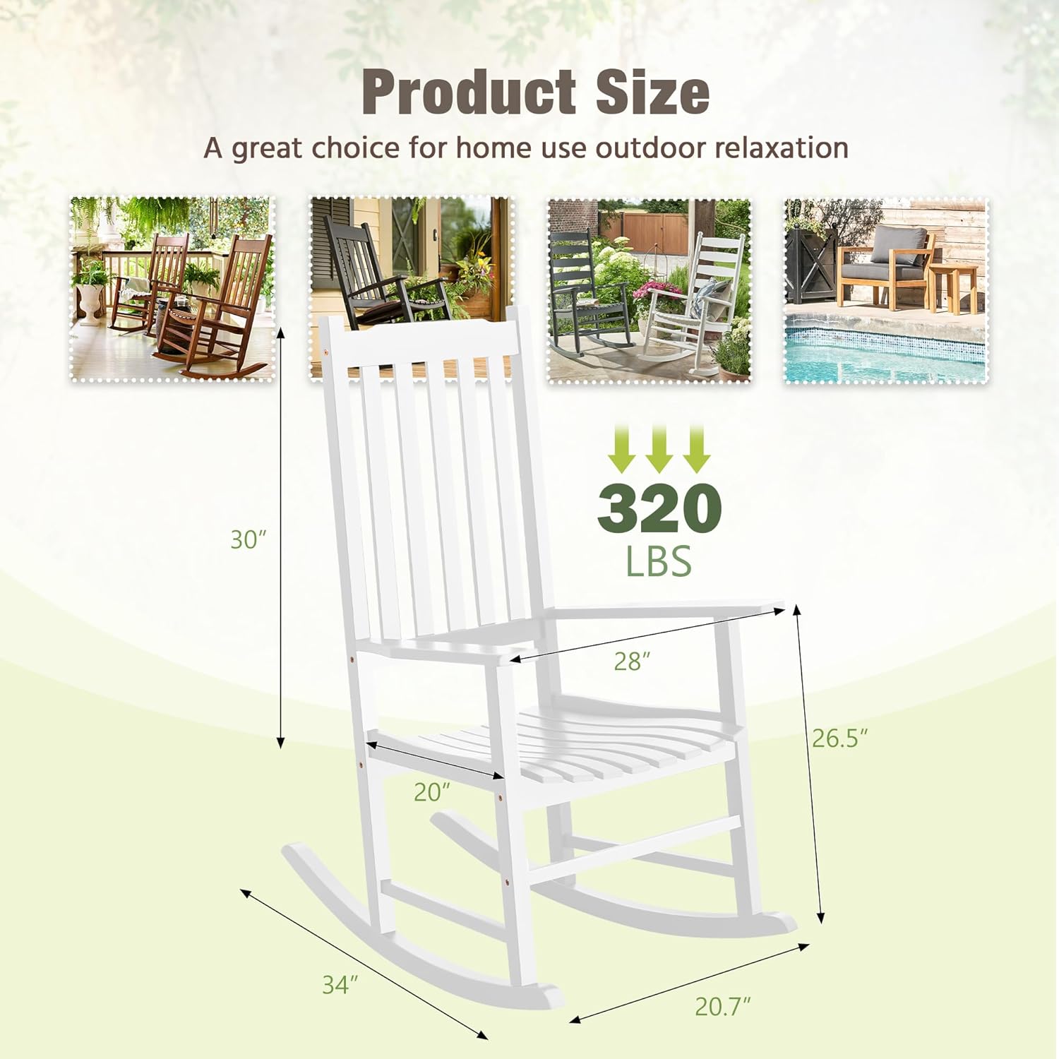 Greesum Outdoor Rocking Chairs Set of 2, Acacia High Back Oversized All-Weather Lounge Rocker with 320 lbs of Support for Patio, Garden, Deck, Porch,White
