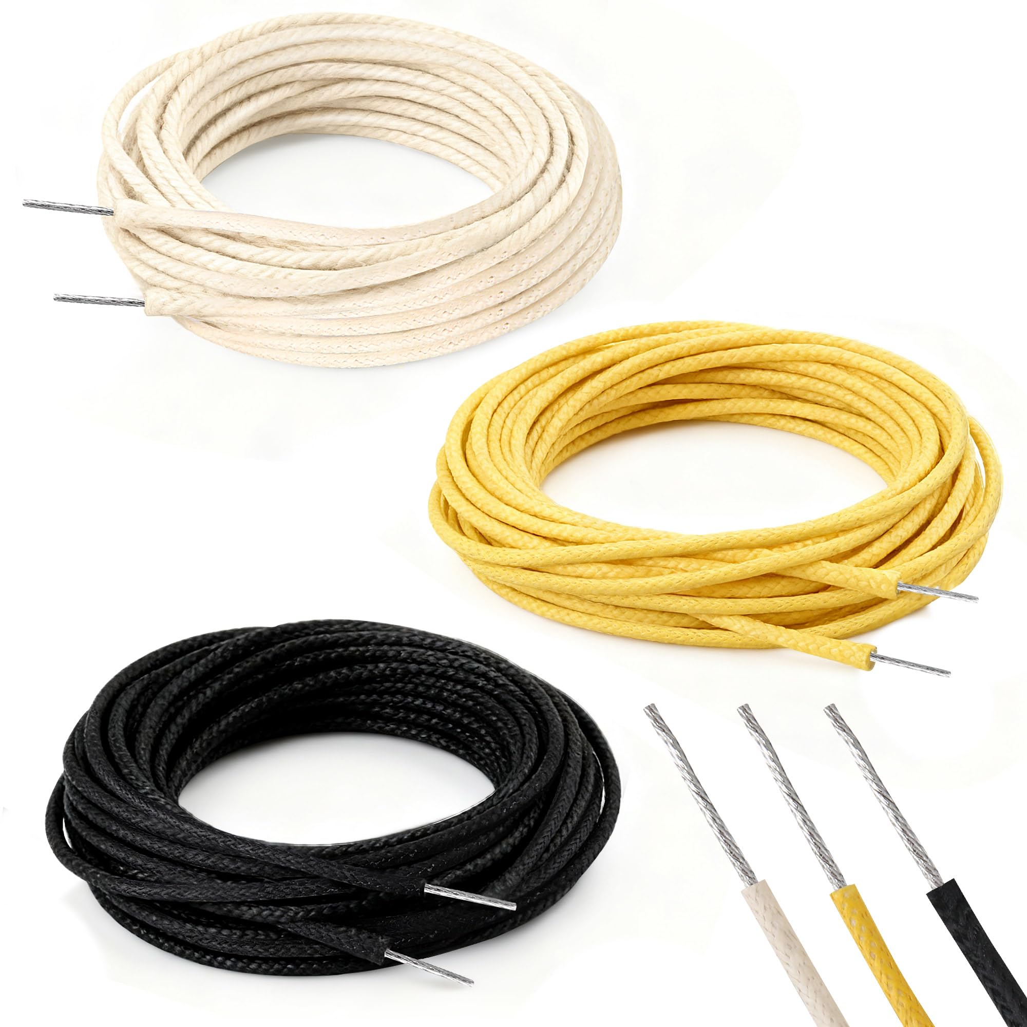 Enhon 30FT Cloth Covered Pushback Guitar Wire Set, Vintage Style Waxed Braided Guitar Wiring Kit, 22AWG Pre-tinned Stranded Copper Wire for Electric Guitars (10ft Black/White/Yellow)