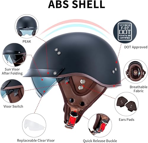 Miniatura 7 de VCOROS F-07 - Casco de media cara para motocicleta, visera solar, hebilla de liberación rápida, aprobado por DOT, cascos para adultos para hombres y