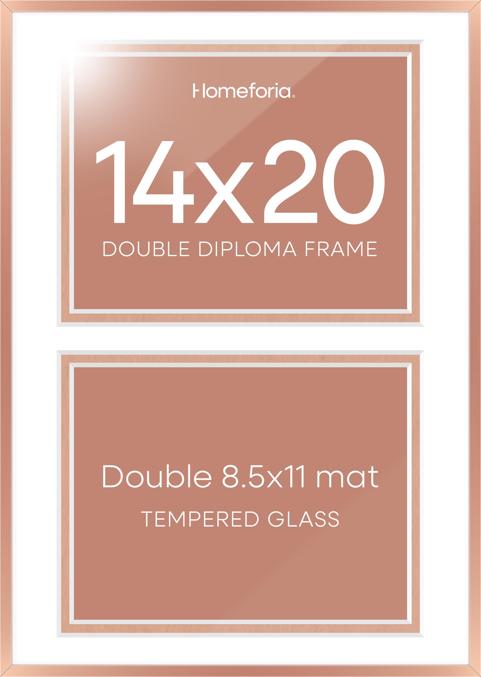 Homeforia 14x20 Double Diploma Frame, High End Metal 14 x 20 Rose Gold Certificate Frames with Mat for Two 8.5x11 Diplomas, 20x14 Dual Award Graduation Matted Frame, Tempered Glass, Wall Kit, Set of 1